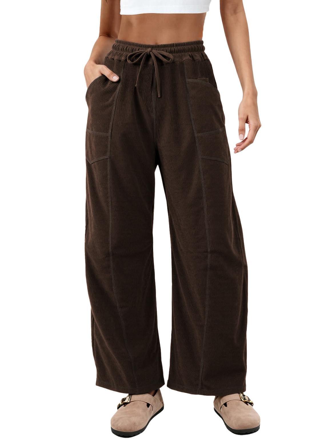 Athlisan Womens Corduroy Barrel Pants Casual Drawstring Waist Wide Leg Baggy Palazzo Trousers with Pockets