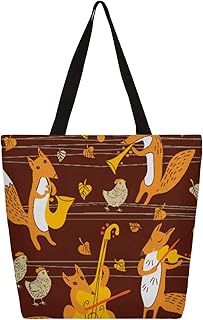 Sacola de lona para mulheres, fofa, animal, raposa, música, sacola grande para homens com bolsos, sacolas de compras resistentes, sacolas de compras reutilizáveis, bolsa de ombro casual para escola, trabalho, praia, Multicor