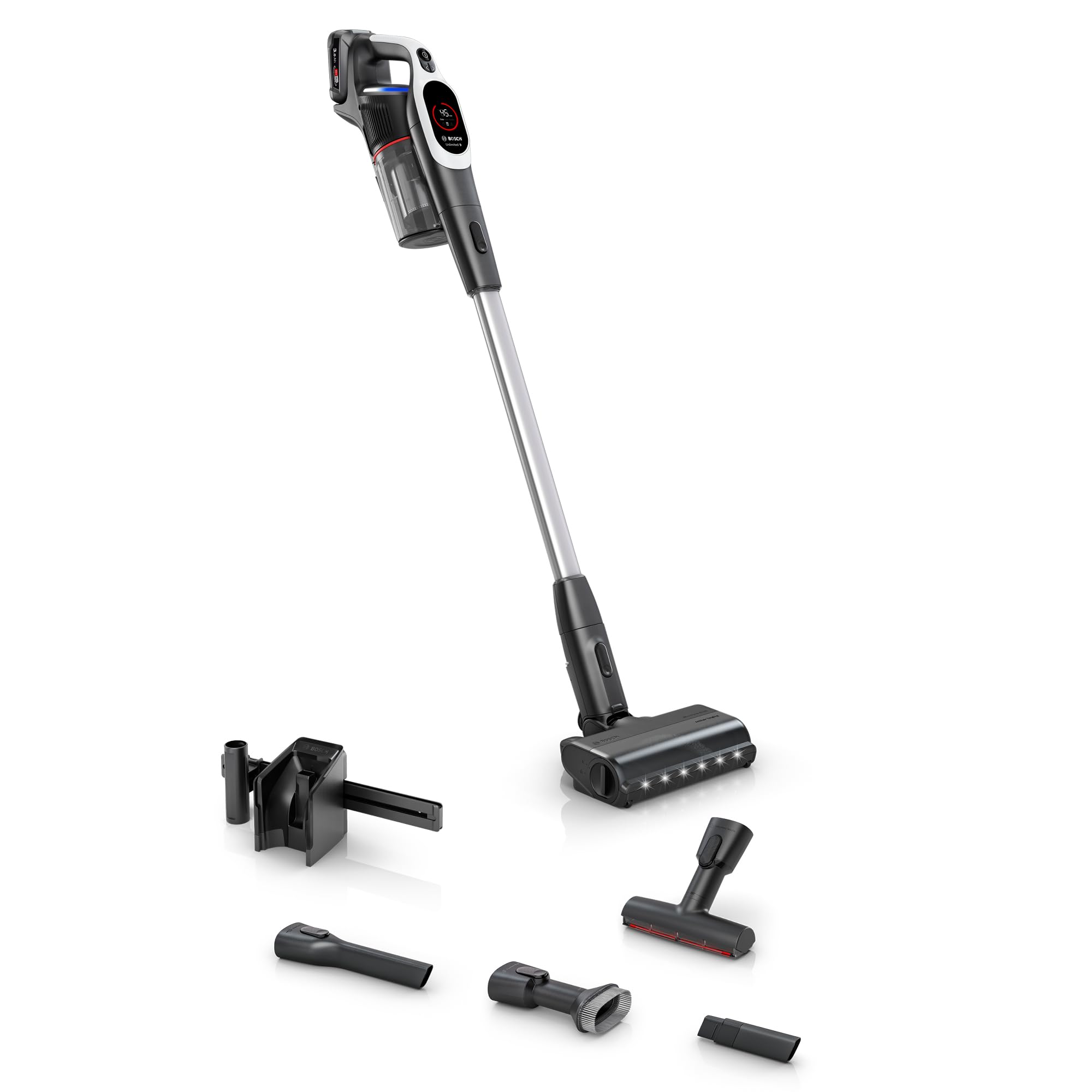 Bosch Akku-Staubsauger Unlimited 9 BKS931BA, kabellos, MicroClean Technology, Display, Staubkomprimierung, HEPA-Filtersystem, 10 J. Motorgarantie, austauschbarer Akku, LED-Licht, XXL-Polsterdüse, weiß