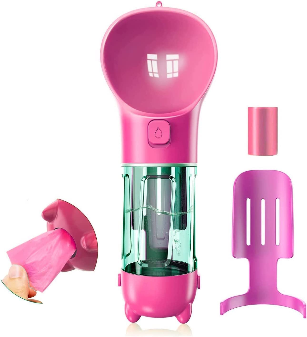 Edipets, Bebedero Perro Portátil, 300 ml y 500 ml, Dispensador Bolsas Caca Perro, Pala para Recogida, 3 en 1, Práctico y Ligero (300 ml, Rosa)