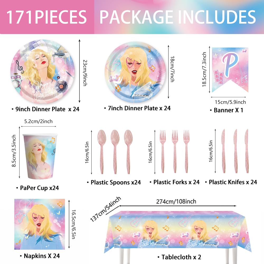 171pcs Birthday Party Supplies Paper Plates Napkins Disposable Tableware Set Paper Cups Tablecloths and Banner for Girls Fans Birthday Party Decorations Serves 24 Guests