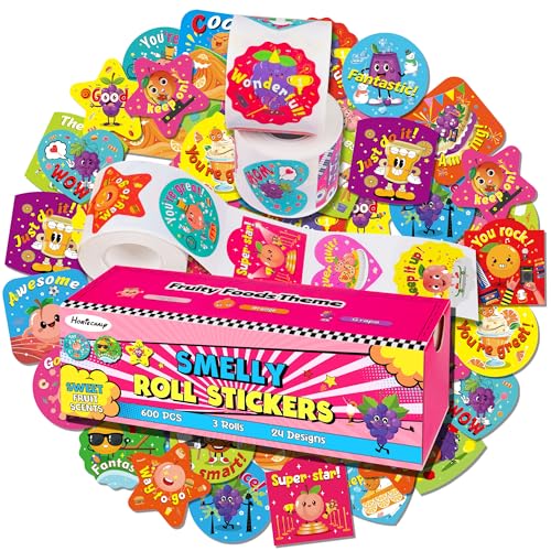 HORIECHALY 3 Rolls Scratch and Sniff Stickers for Kids, 600PCS Smelly Scented Stickers, Kid's Reward Sticker, Classroom Teacher Must Haves, School Supplies Incentives Christmas Children‘s Gift-1.57''