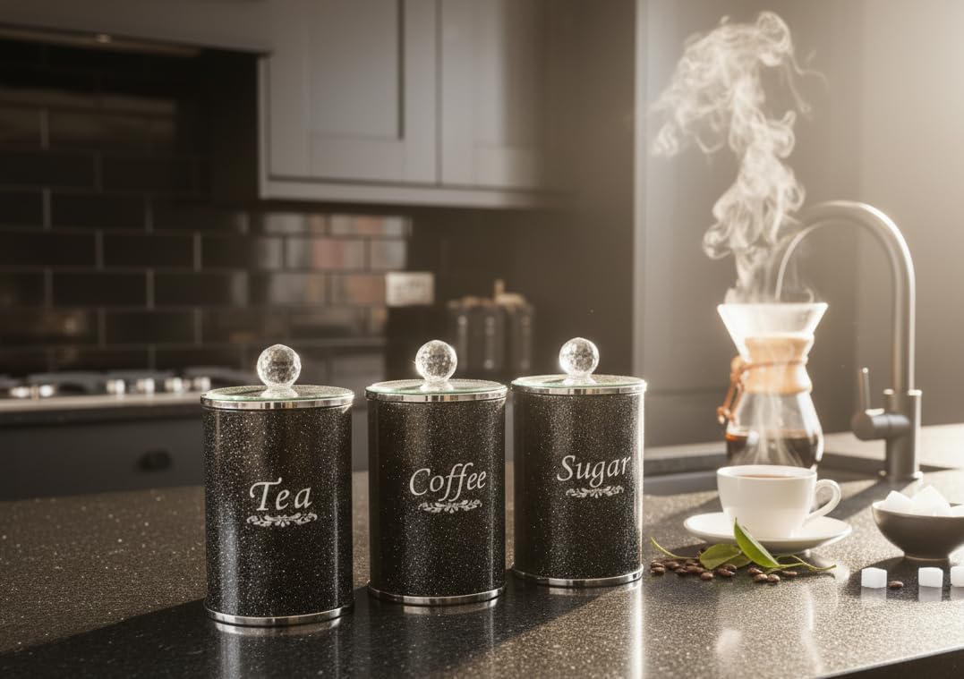 Biznest Style Crushed Crystal Containers Set For Coffee Tea Sugar Kitchen Storage, Jars Set Sparkling Crystal Elements Diamond (Black)