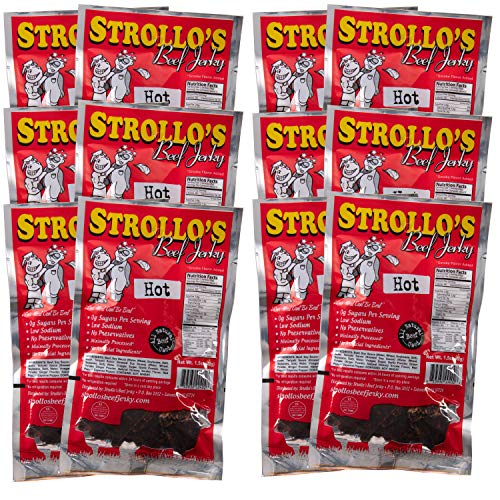 Strollo's Beef Jerky-Hot 12 Pack-1.5oz Packs- Low Sodium, Low Sugar, Low Carb, Keto Diet Friendly-Made with All Natural USA Beef, USDA Certified