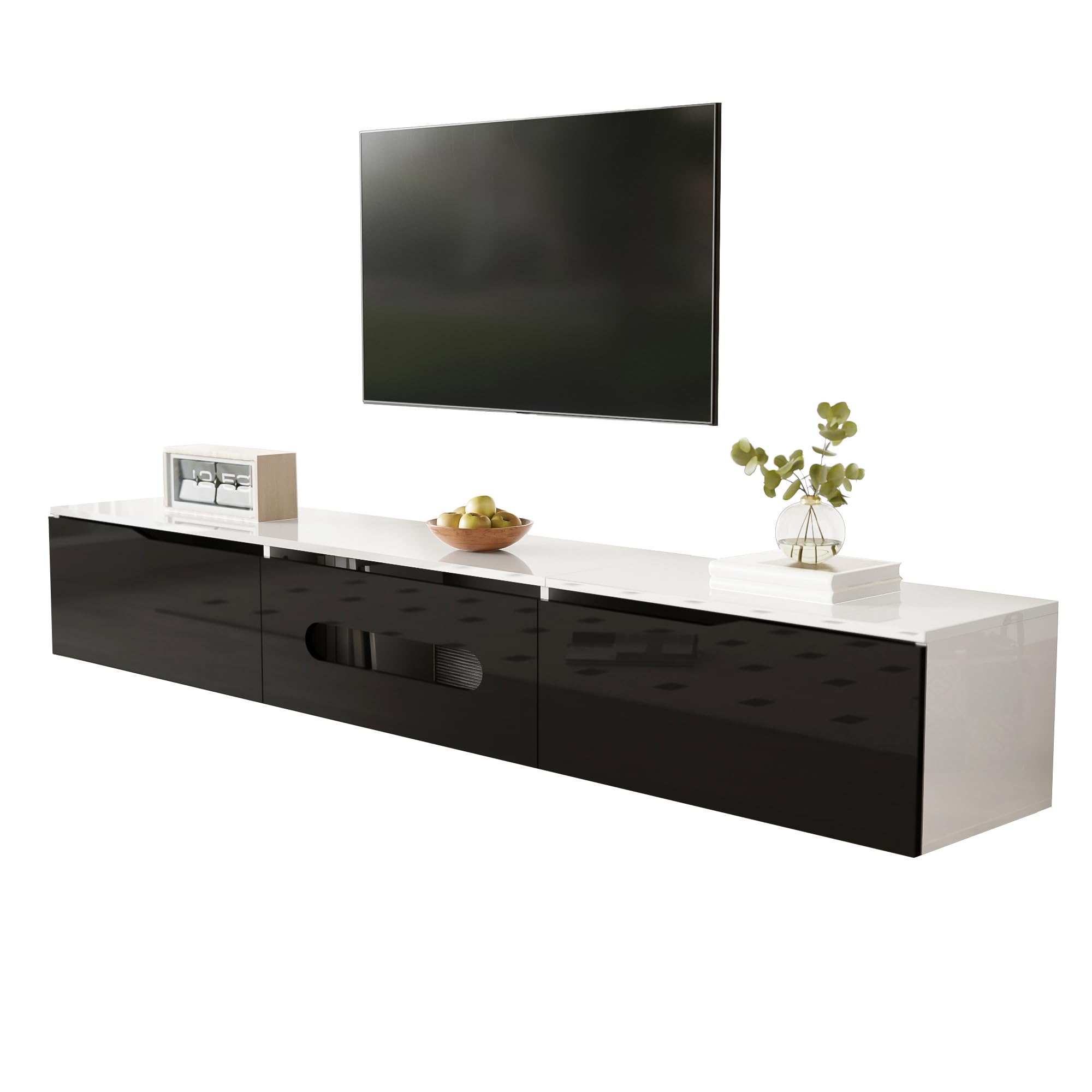 Mueble de TV con iluminación LED colgante y de pie, armario de TV para salón, tablero de fibra de densidad media y aglomerado, puertas en negro, 180 x 35 x 30 cm