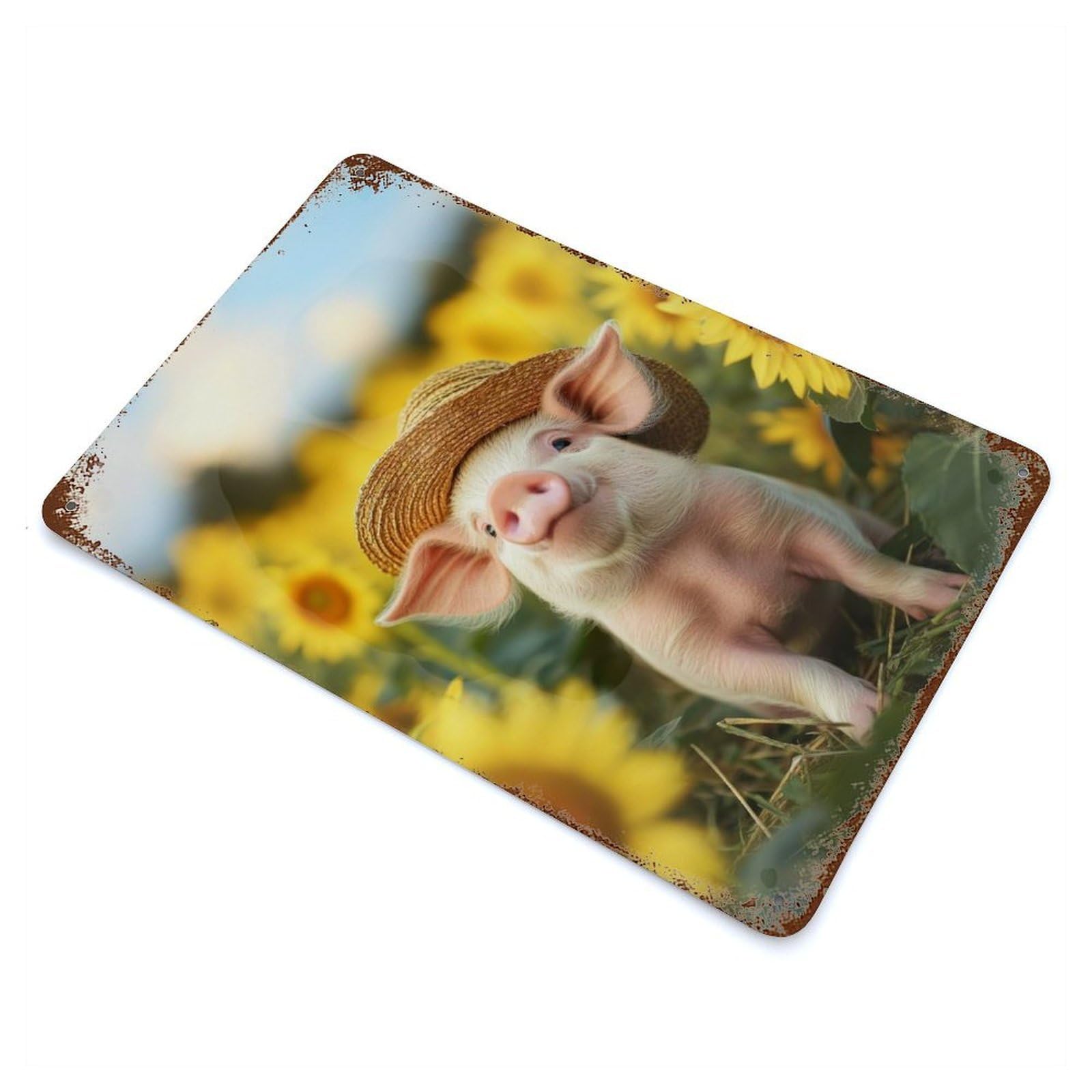 Piglet in Sunflower Field 11.8"x7.9" Aged Metal Wall Plaque, Novelty Wall Decor for Garage, Bar And Workshop Decor