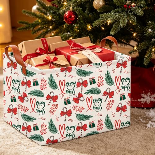 Image of CLOCOR Rectangular Storage Basket,Collapsible Cute Pattern Storage Bin,Waterproof Books Box with Handles,Gift Basket(HOHO Christmas)