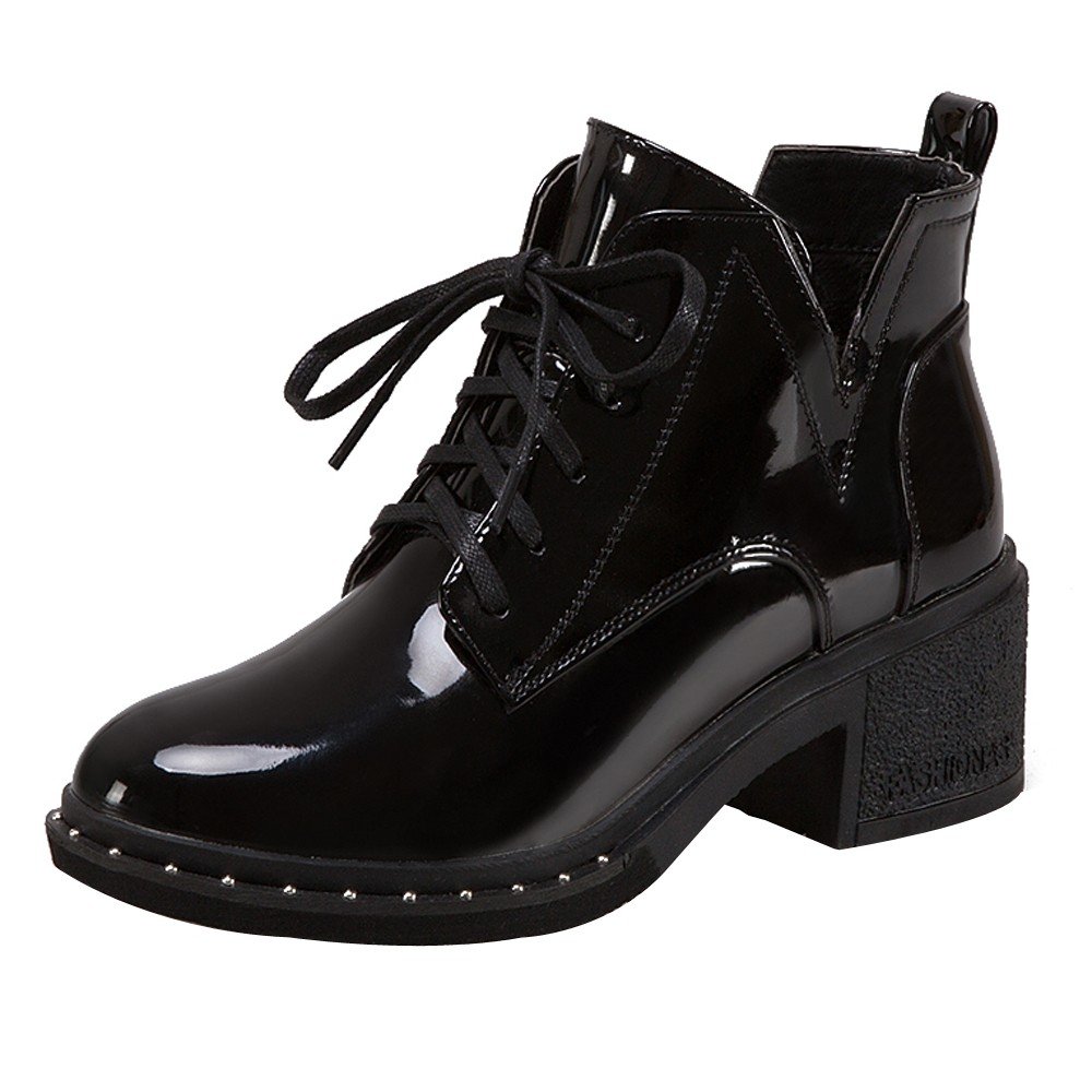 COPPEN Fashion Women Round Toe Flat Lace-up Boots Casual Patent Leather Martin Shoes