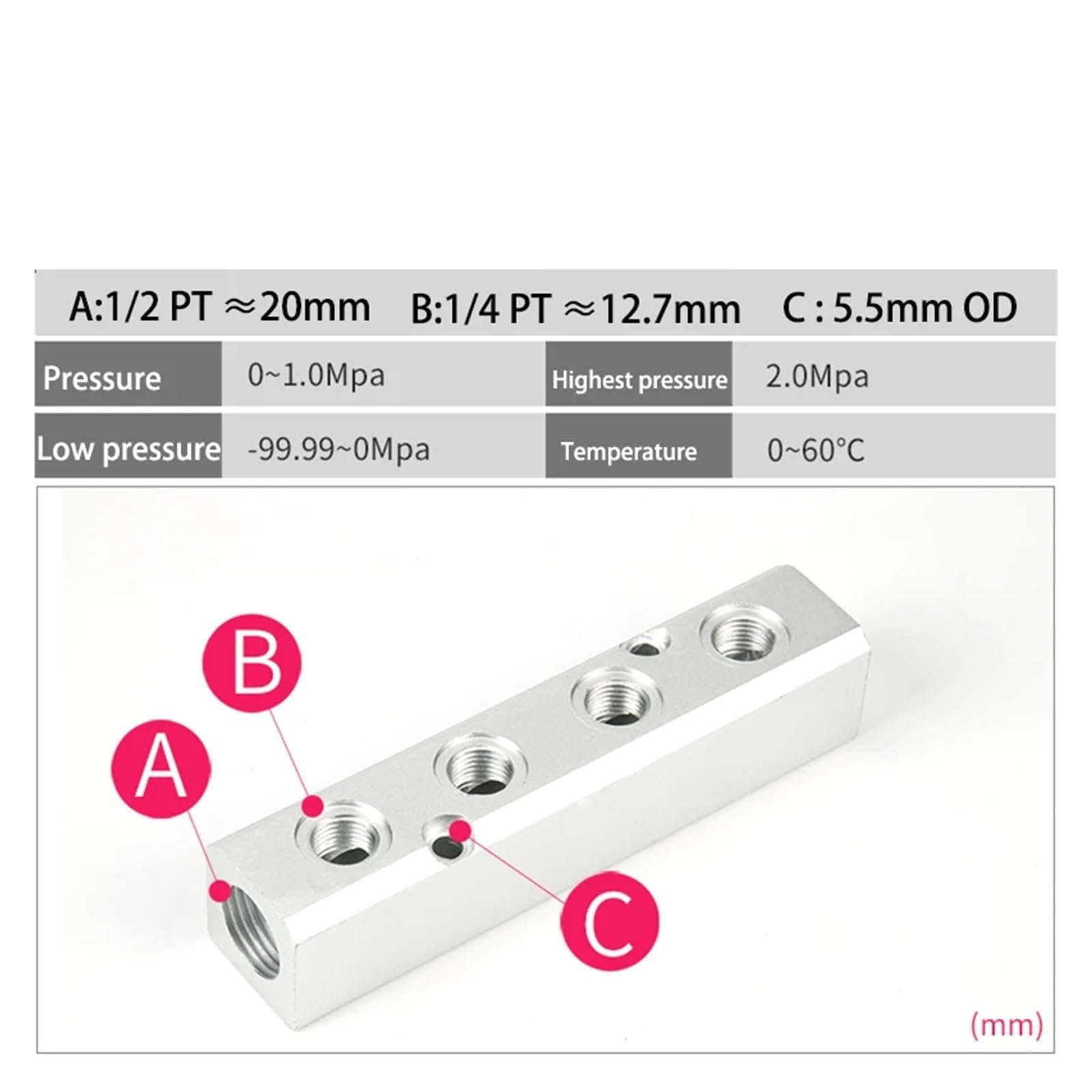 Distributore di collettore pneumatico aria 1/4" con attacco filettato da 1/2" in alluminio e 2-10 vie(7 Way 9 Port)