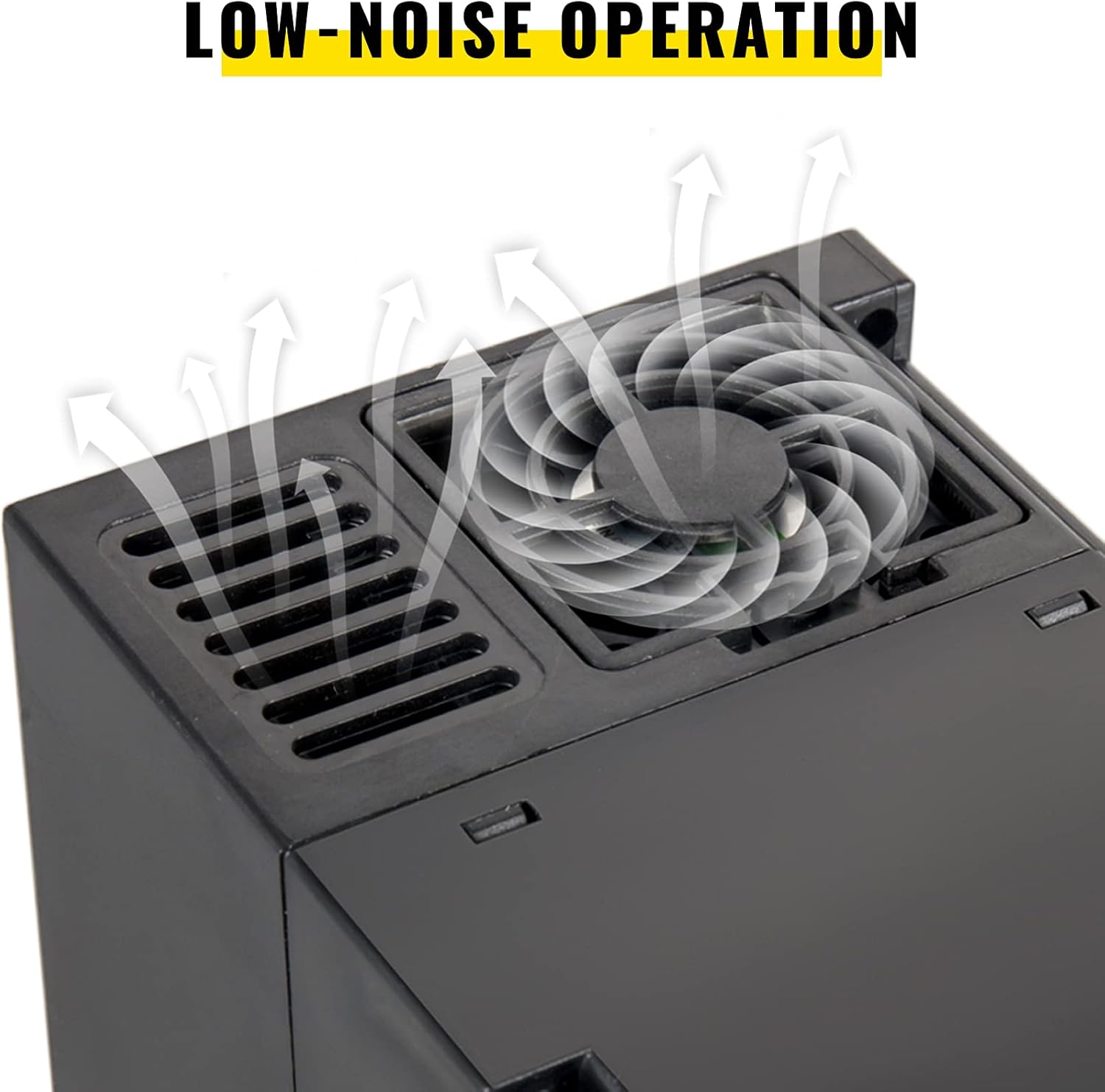 Close-up of the VEVOR VFD's top section showing the cooling fan for low-noise operation.