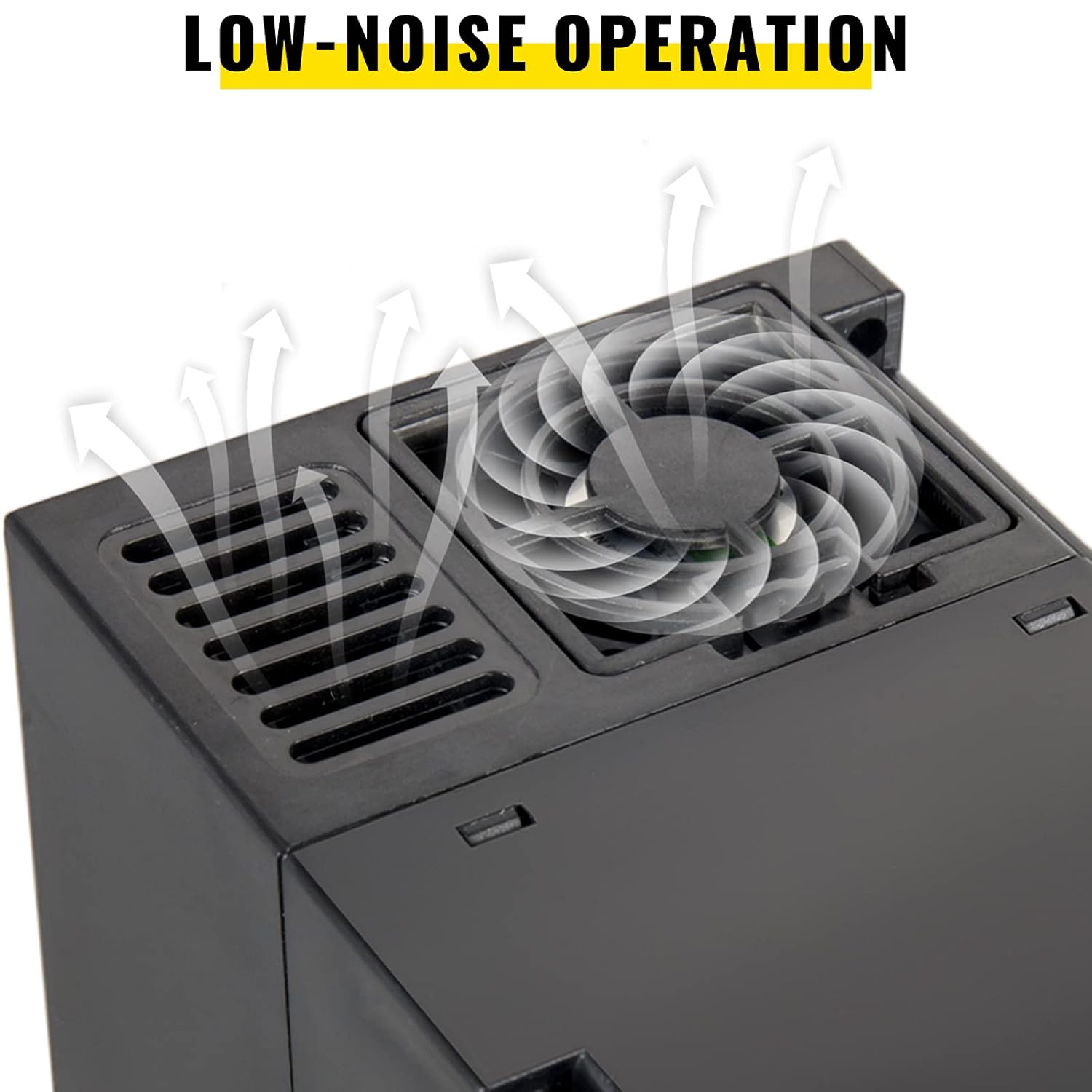 Close-up of the VFD's cooling fan, illustrating low-noise operation