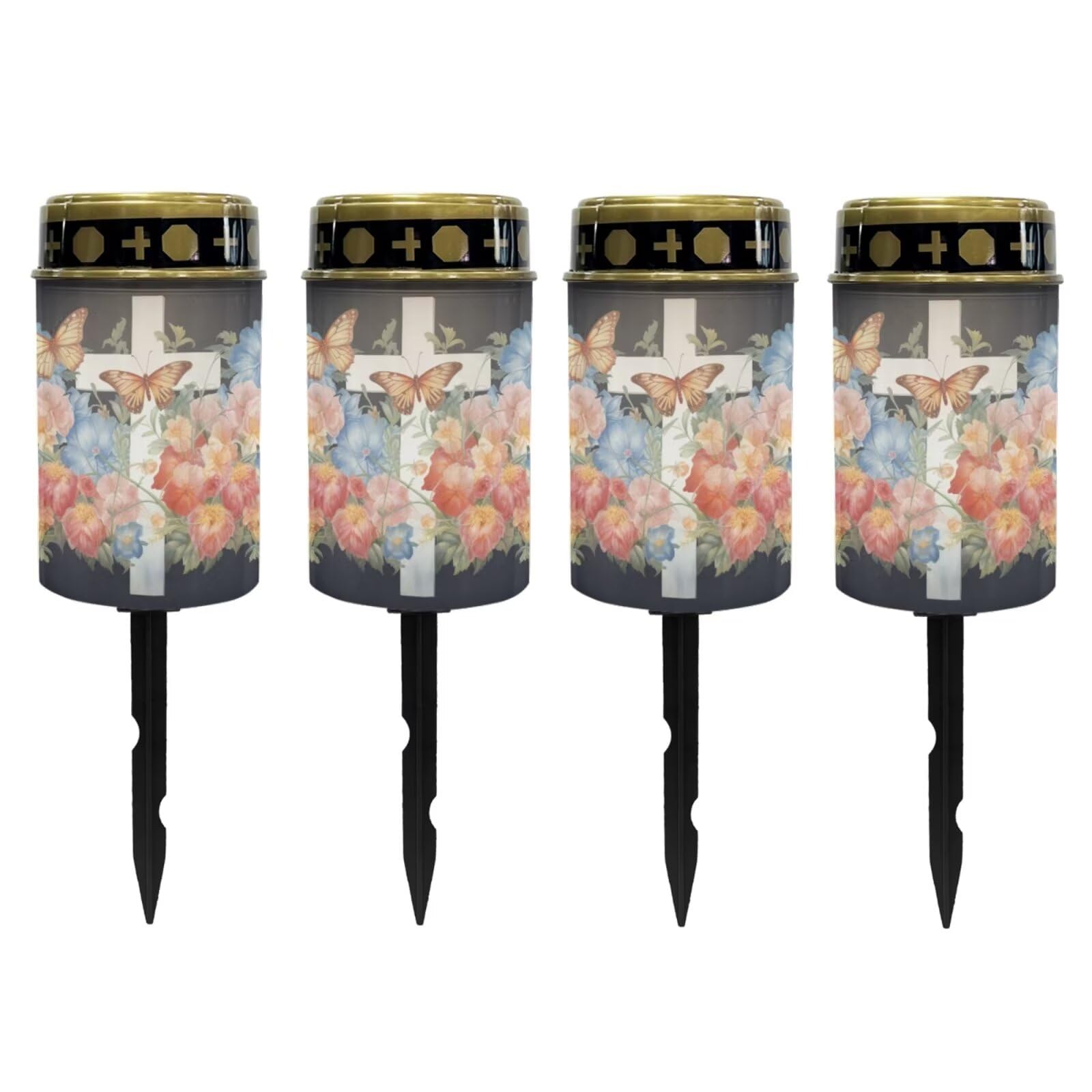 Poceacles Cross Solar Lights Outdoor for Cemetery Grave Decorations, Fake LED Pillar Candles Solar Powered Waterproof Outdoor Stake Lights Grave Markers, Butterfly White Cross Flower, Pack of 4