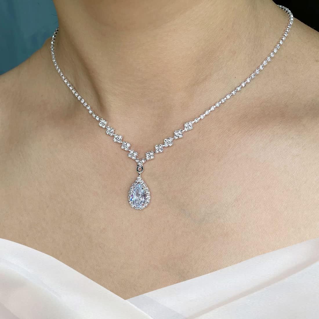 Wedity Bride Wedding Crystal Necklace Earrings Set Silver Bridal Choker Necklaces Pendant Jewelry for Women and Girls - Image 4