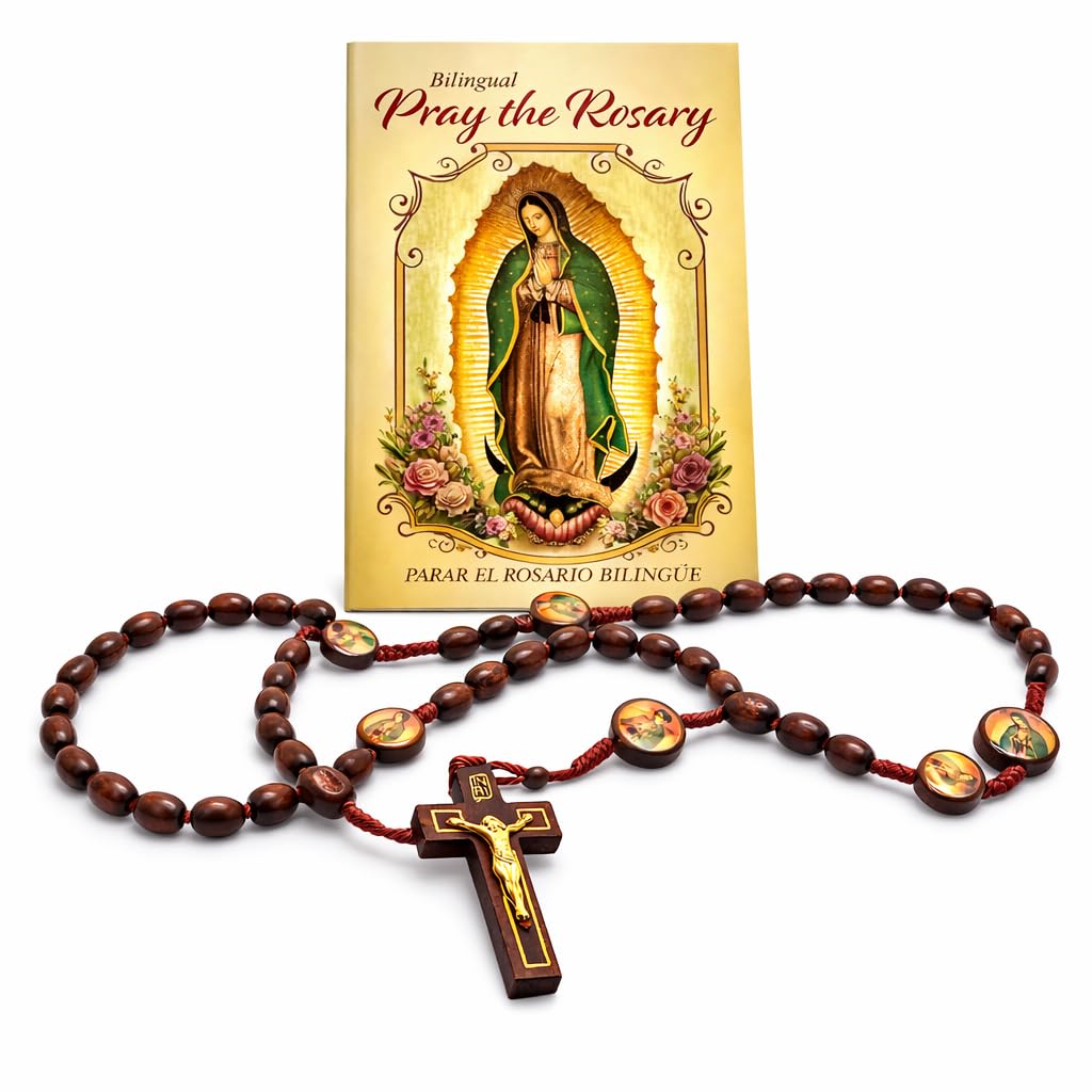 Westmon Works Our Lady of Guadalupe Bilingual Pray the Rosary Set In English and Spanish Wood Bead Nylon Cord Rosary