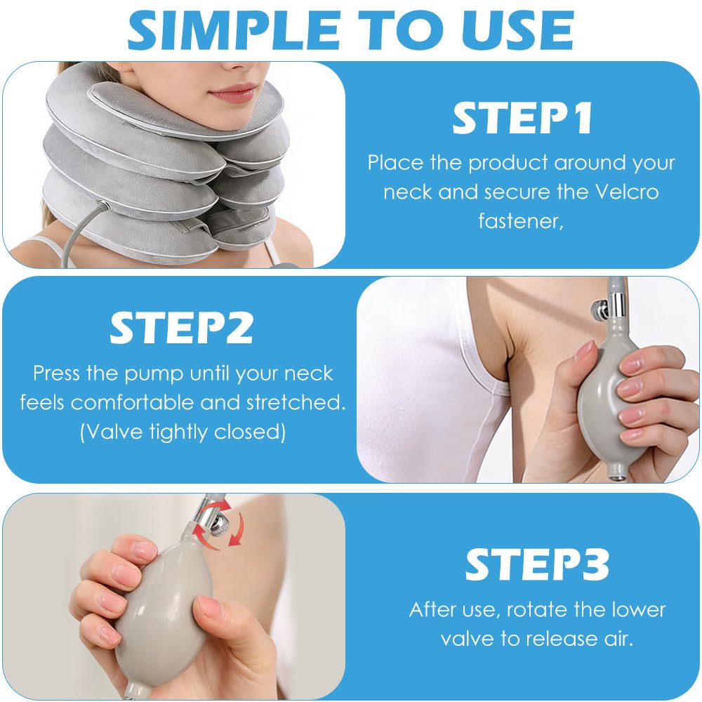 Étireur cervical gonflable, Soutien du cou avec conception d'étirement à 3 niveaux et support mentonnier, Oreiller cervical gonflable, Minerve pour le soulagement des douleurs chroniques (Gris clair)