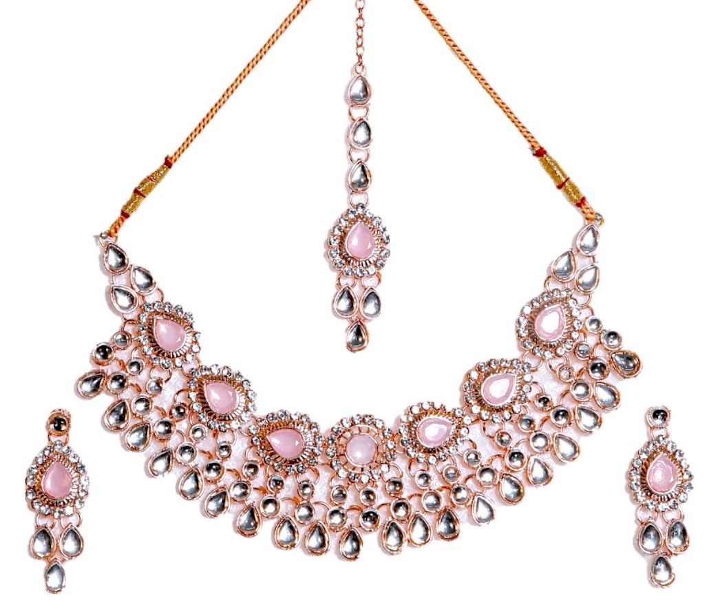 Anxvi Beautiful Rose Gold Plated Pink Color Kundan Bridal Necklace Earrings with Maangtikka Set For Girls & Women (B0CRWNW59F) Amazon Price History, Amazon Price Tracker
