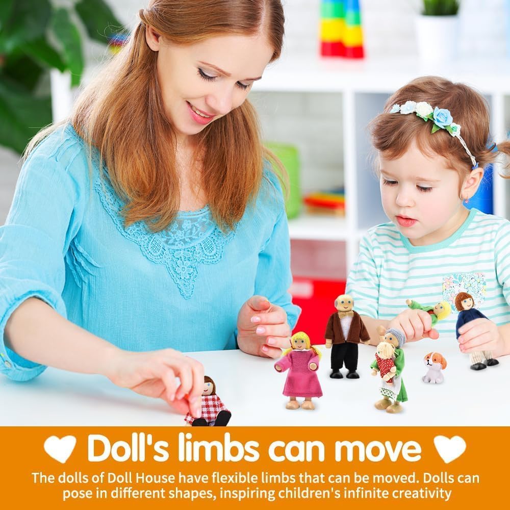 Famiglia Di Bambole In Legno 9 Pezzi – Nonni, Genitori, Bambini E Cuccioli – Figure Mobili Per Casa Delle Bambole, Regalo Per Bambini