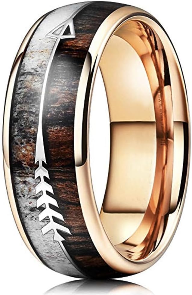 (8mm) Unisex, Women's or Men's Tungsten Wedding Ring Band. Domed Rose Gold Band with Cupid's Arrow and Duo Wood and Antler Inlay. Comfort Fit.