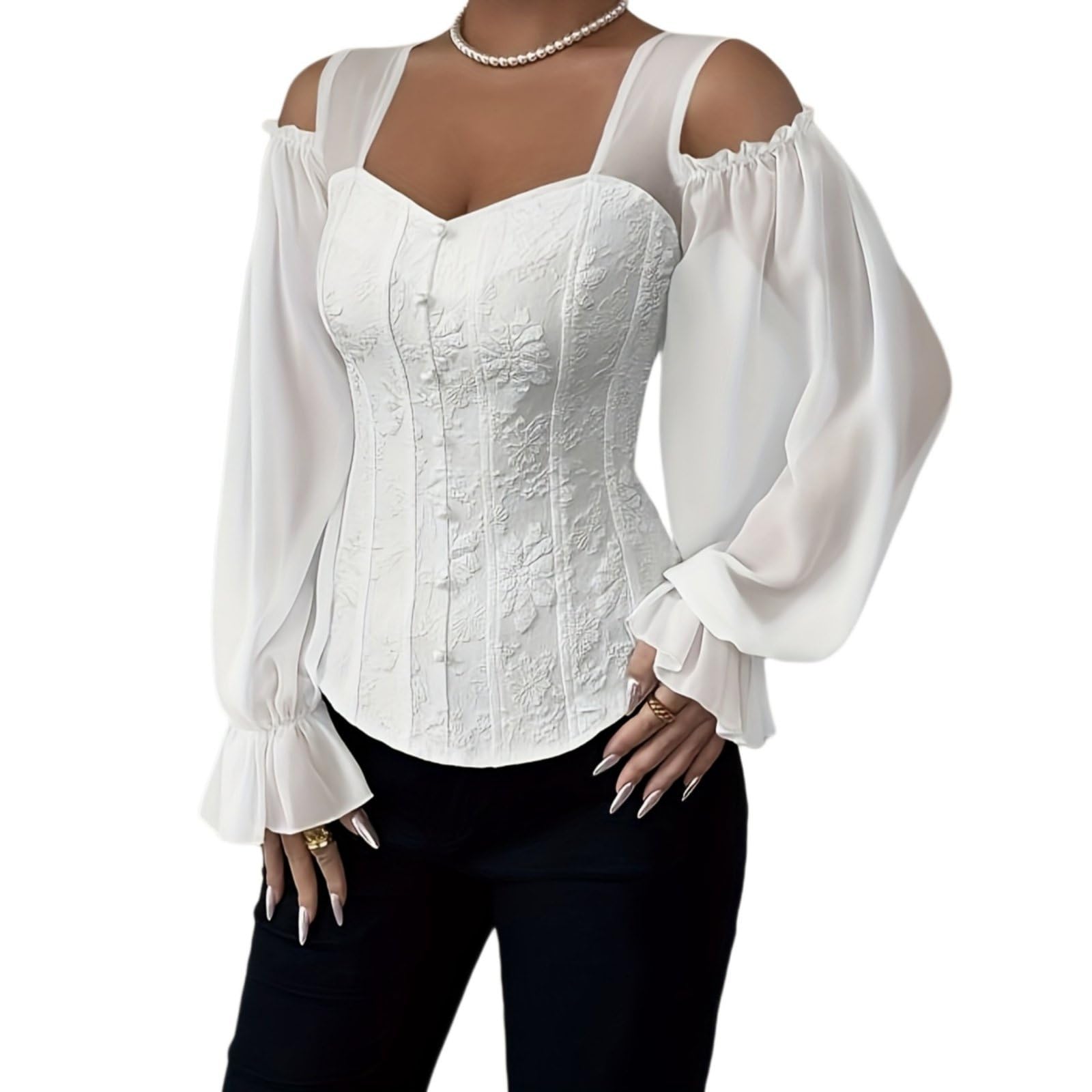 Hauts Tuniques Fluorescents À Imprimé Floral Pour Femmes Épaules Dénudées Col Carré Manches Longues En Maille Blouses Élégantes