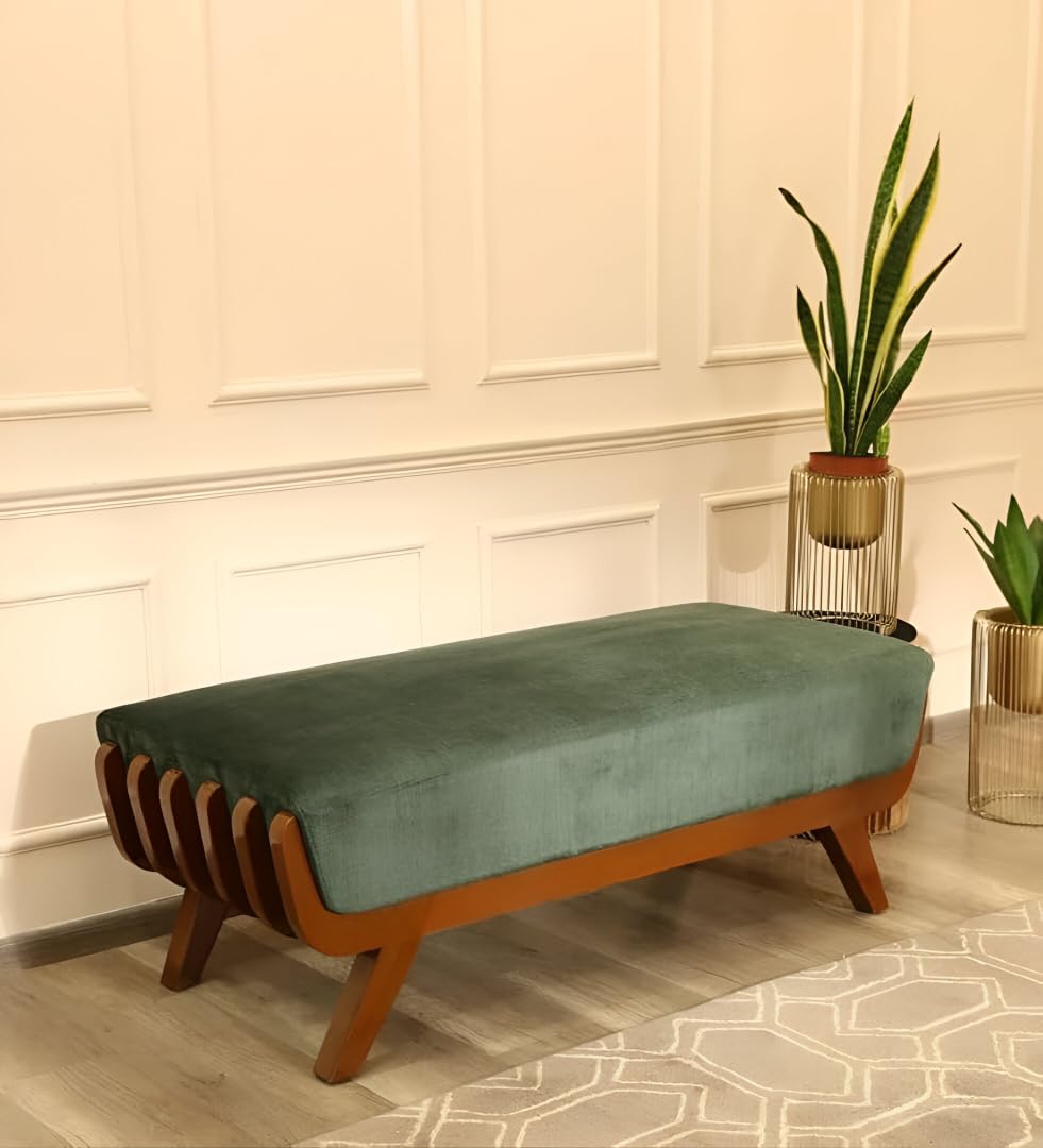 Antique Natural Finished 3 Seater Sofa in Solid Teak Wood Green Velvet Fabric for Your Home Hotel & Office (3 Seater) (2 Seater Bench)-image-33
