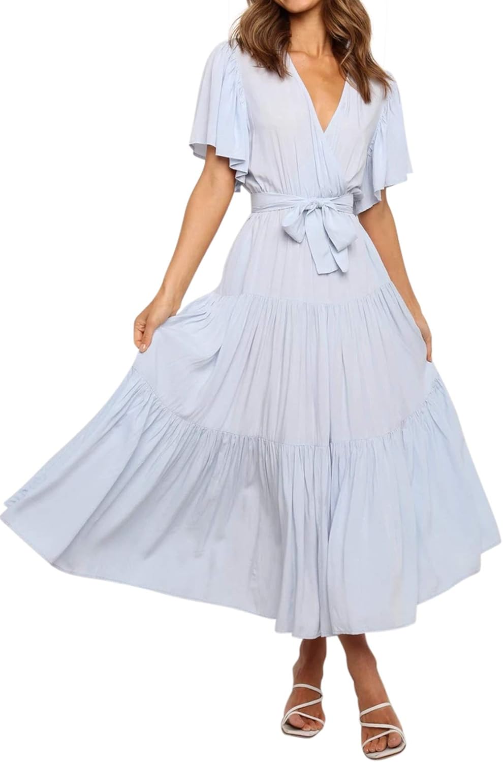 R.Vivimos Summer Dress for Women Cotton Ruffle Short Sleeves V Neck Casual Flowy Midi Dress with Belt