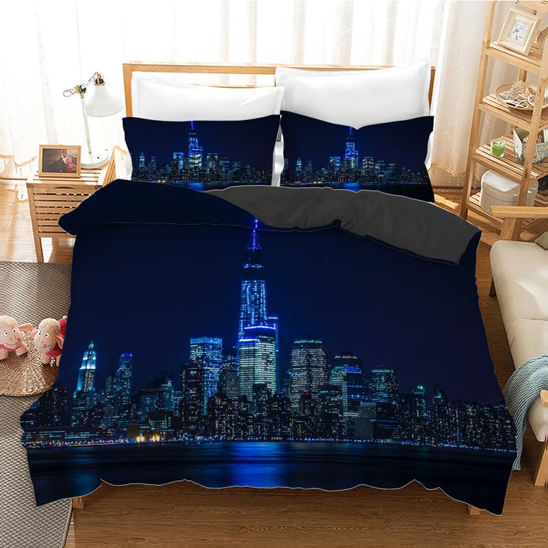 Housse de couette 90x190 bleu marine et sa taie d'oreiller architecture pour lit enfant 1 place