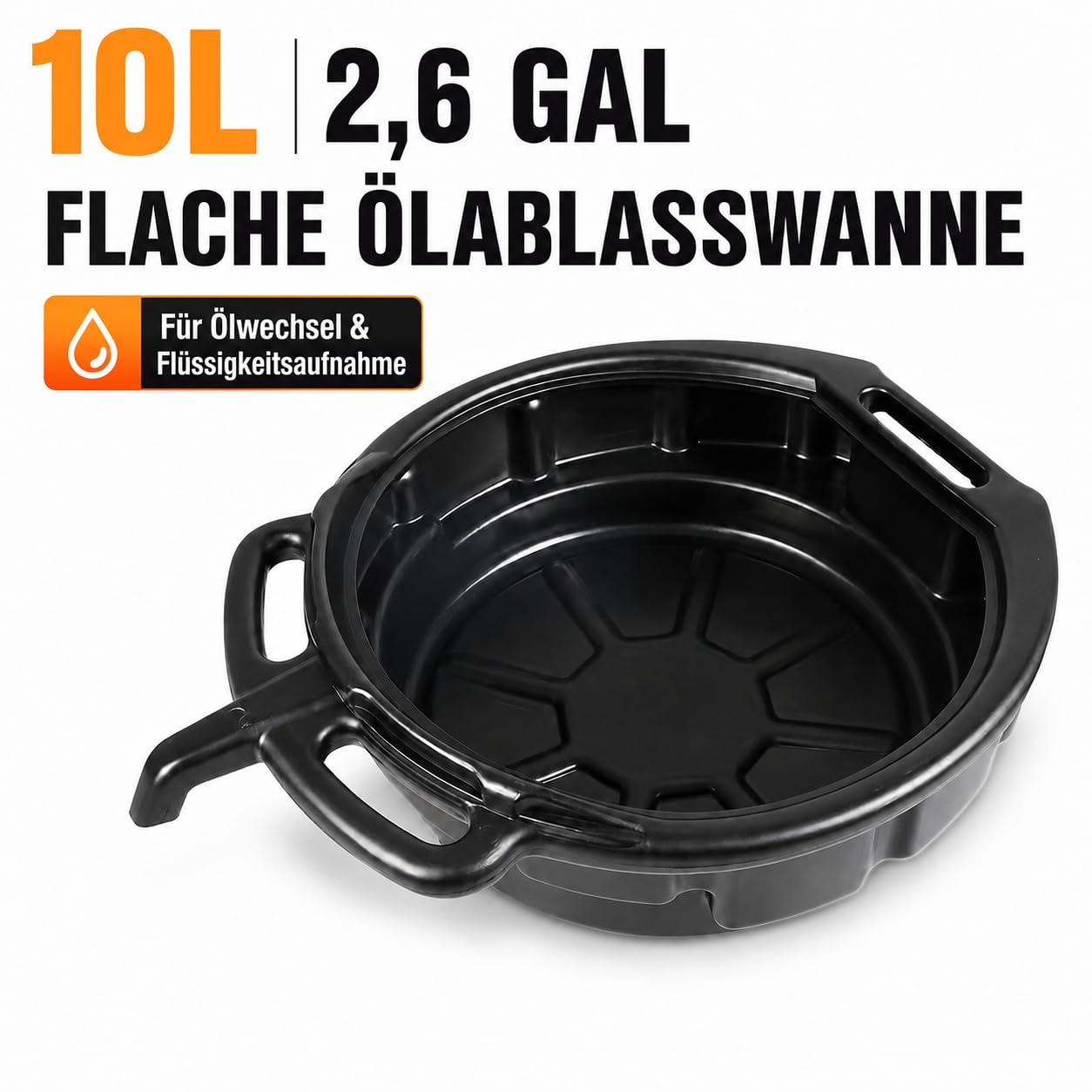 Ölauffangbehälter Ölauffangwanne mit Abfüllstutzen 10 l, Flache, runde Auffangwanne, Ölwanne, Ölwechselkanister, Kunststoffwanne, Ölauffangbehälter aus Kunststoff für Kfz-Ölwechsel