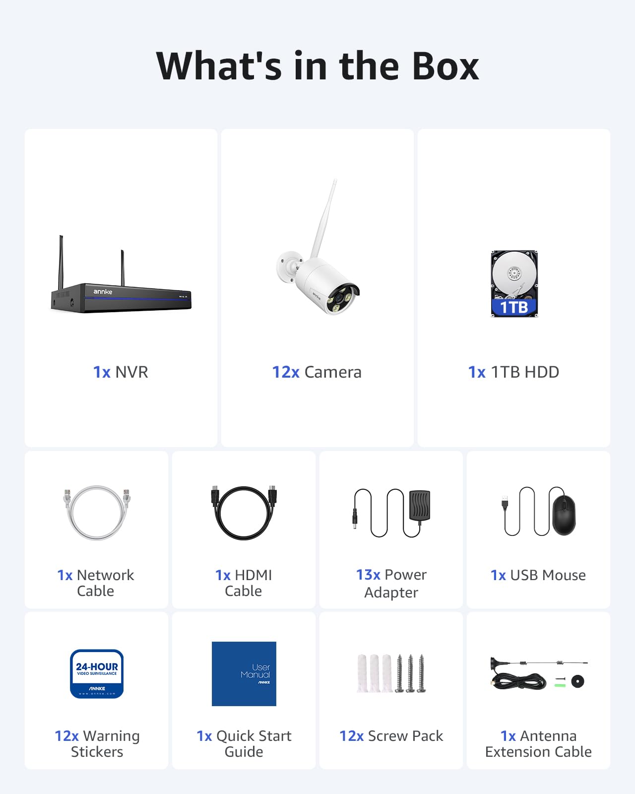 ANNKE Zestaw 2K WLAN kamera do monitoringu, do użytku na zewnątrz, 12 x 2K WiFi, 16 CH 4K NVR z 1TB HDD, w pełni metalowy, 5 GHz/2,4 GHz Wi-Fi, noktowizor, rozpoznawanie osób, 2-drożne audio