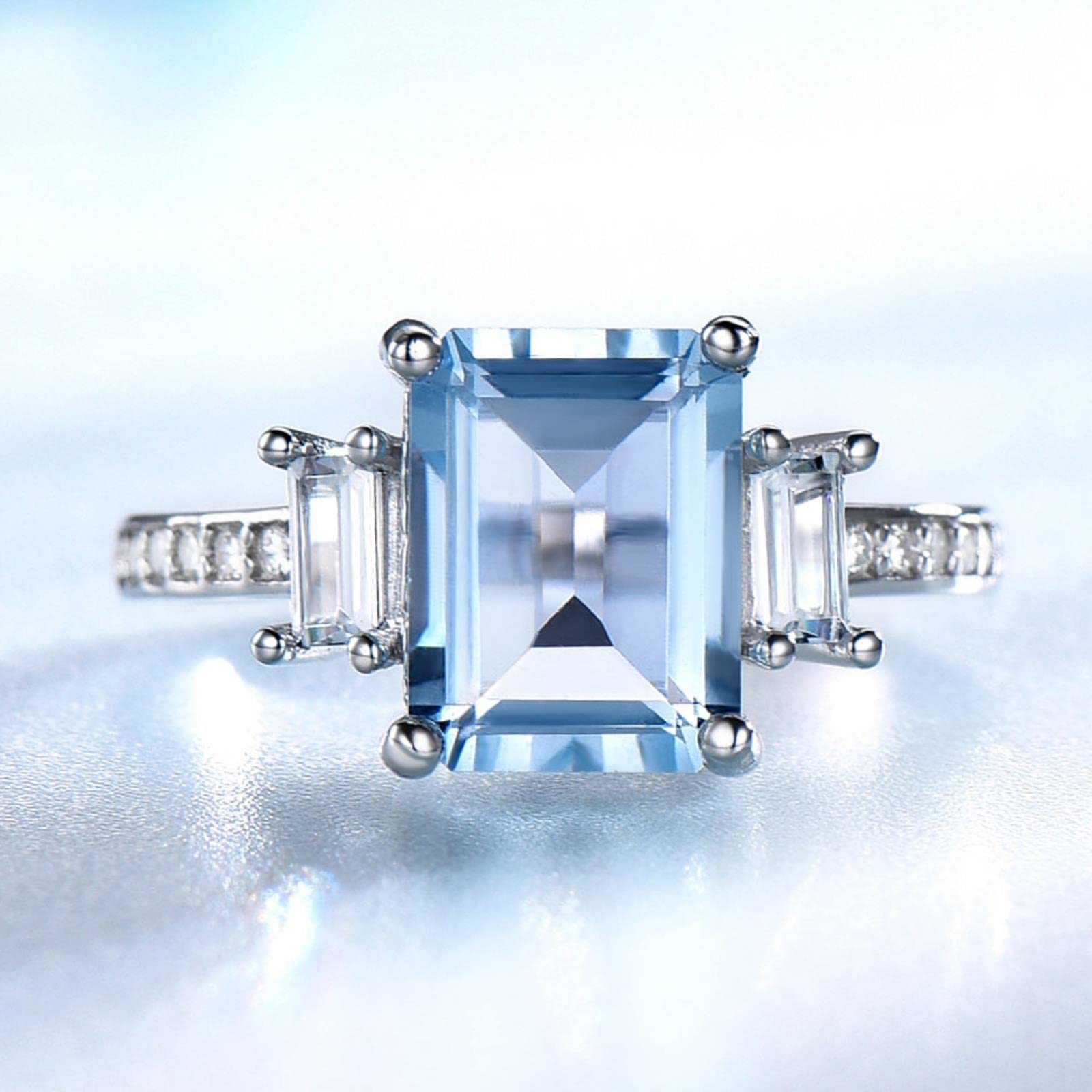 Zling Women's Sky Blue Rectangle Created Topaz Rings 925 Sterling Silver Jewelry Colorful Gemstone Rings For Gifts Fine Jewelry