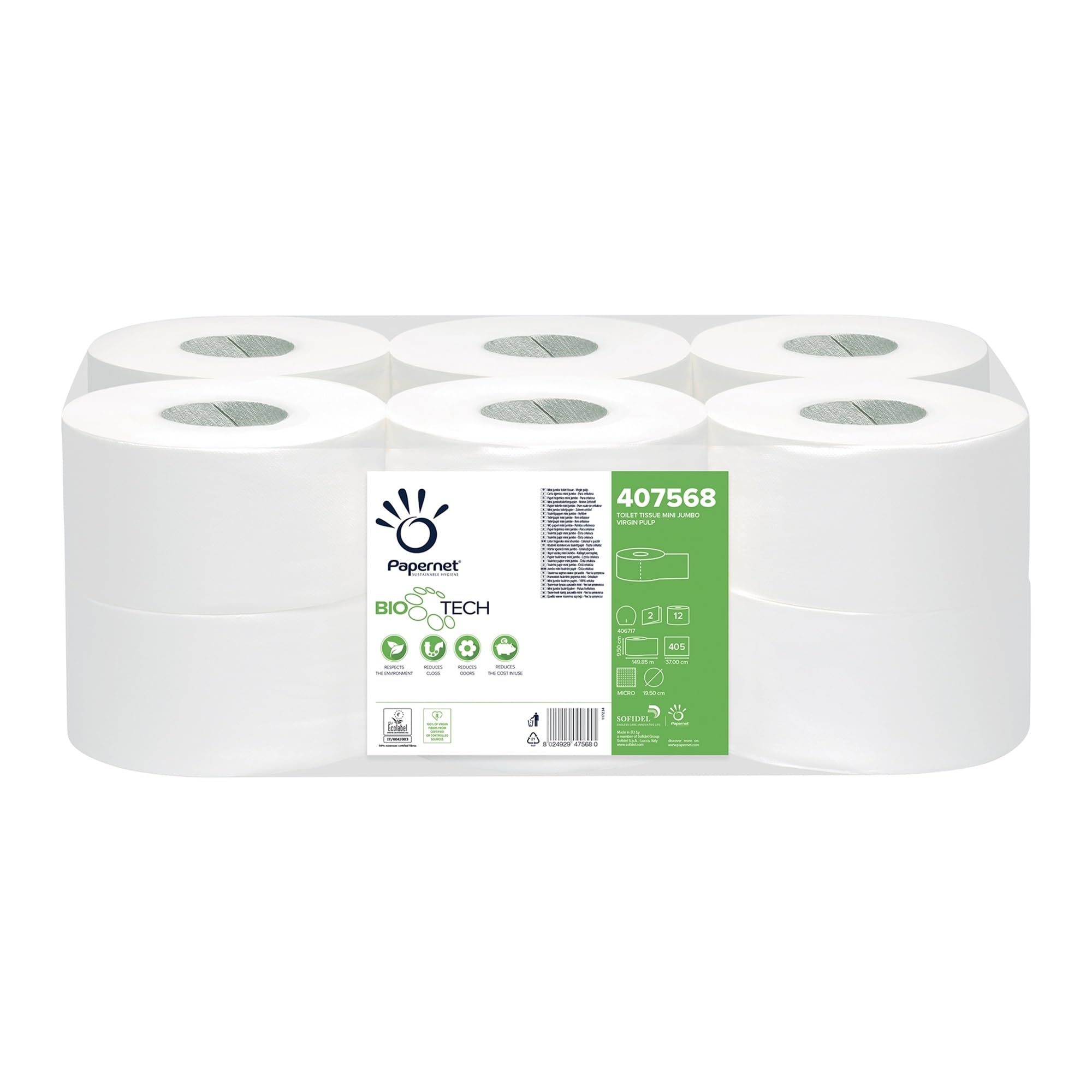Papernet Bio Tech - Toilet Paper 407568, 1 Pack Of 12 Pure Cellulose Rolls 149,85 M Each, Naturally Fights Pathogenic Bacteria, 2 Ply, 450 Tear 9,5X37 Cm