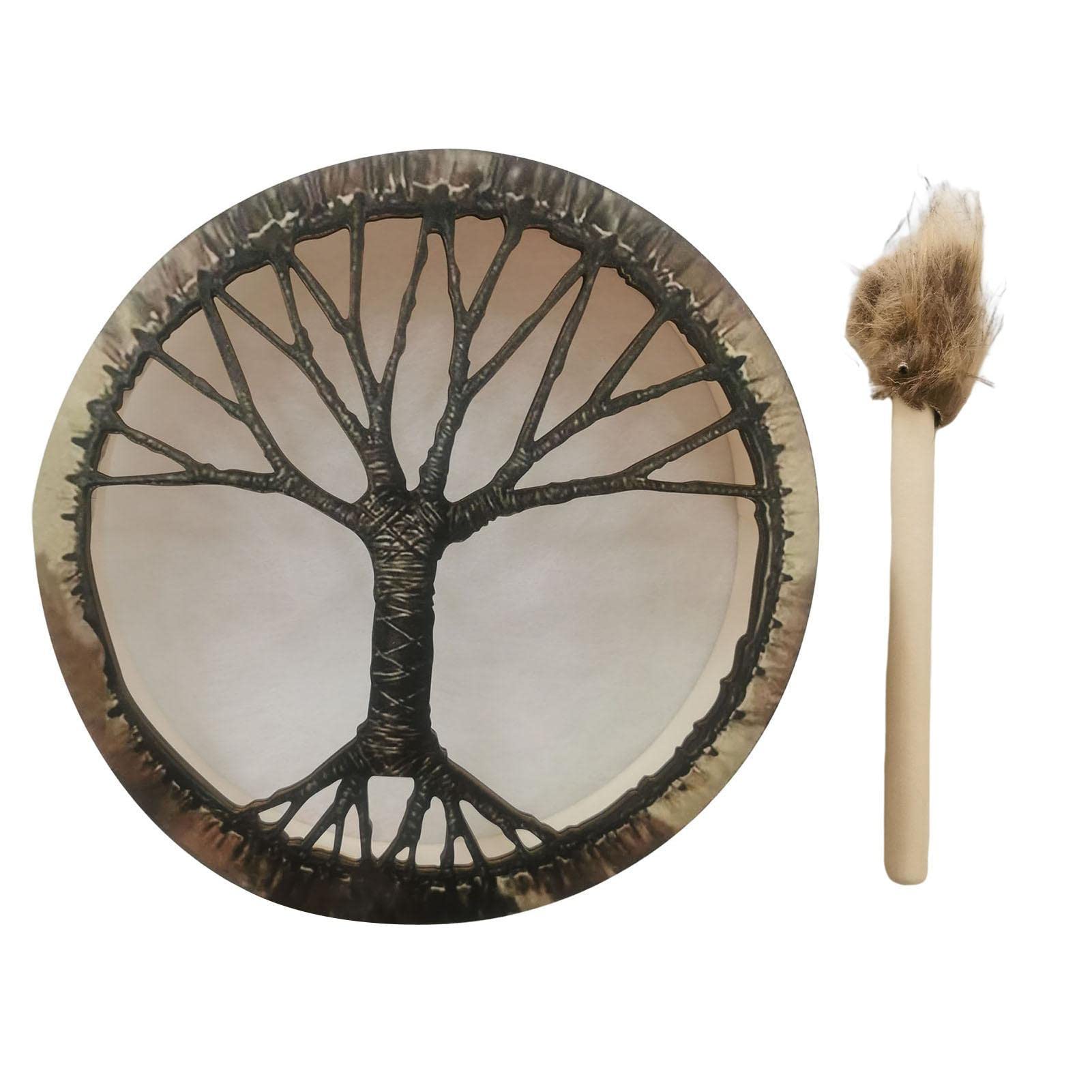 Tambour 25 cm avec manche tambour, tambour chamanique en bois fait à la main pour musique spirituelle, guérison sonore, méditation, décoration la maison, instruments à percussion
