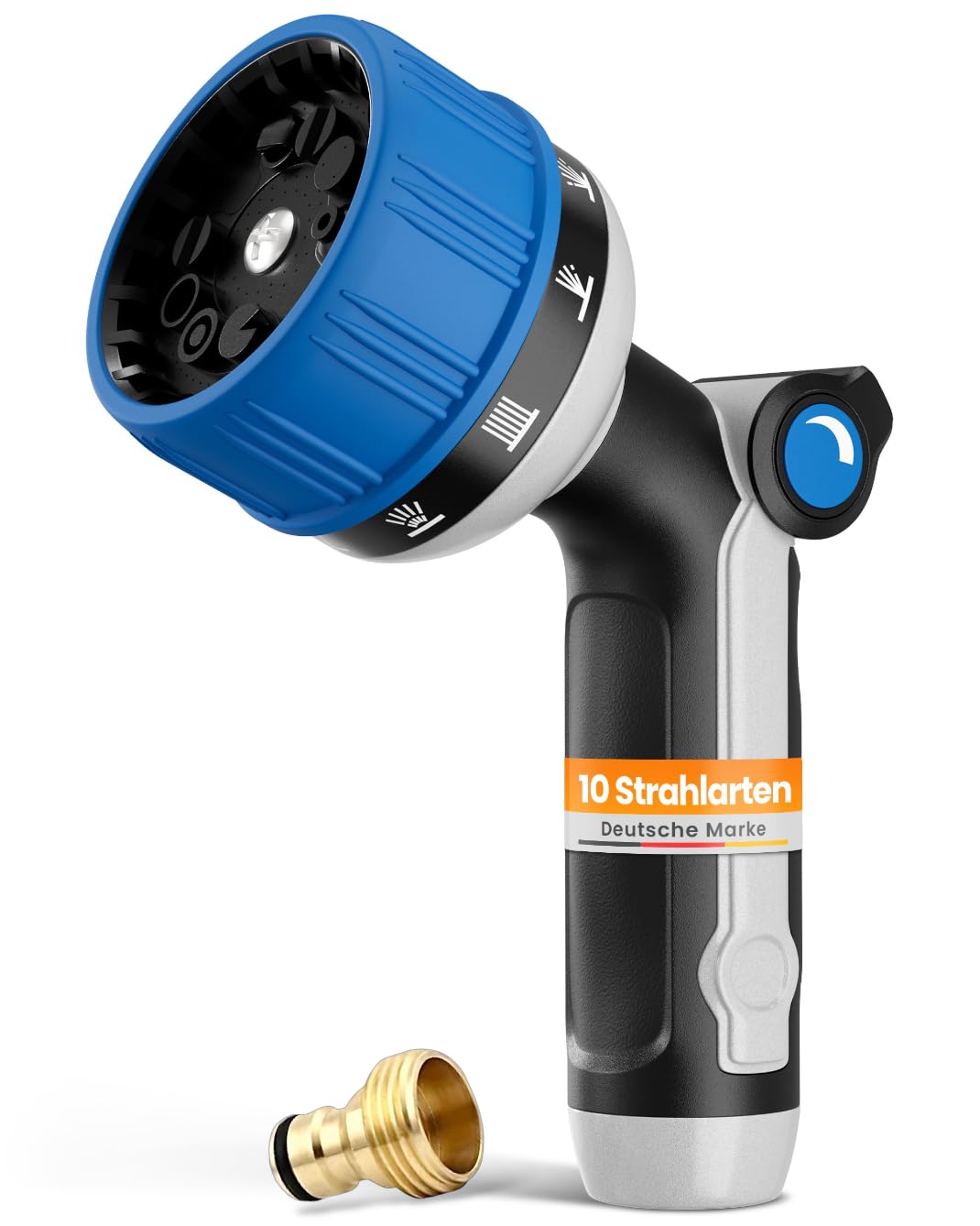 rainfactory Gartenbrause - Gartenspritze aus Metall mit 10 Sprühmustern - Gartendüse mit Hochdruck & Daumensteuerung - Gartenschlauch Düse mit Messing Adapter, Multifunktions- und Blumenbrause