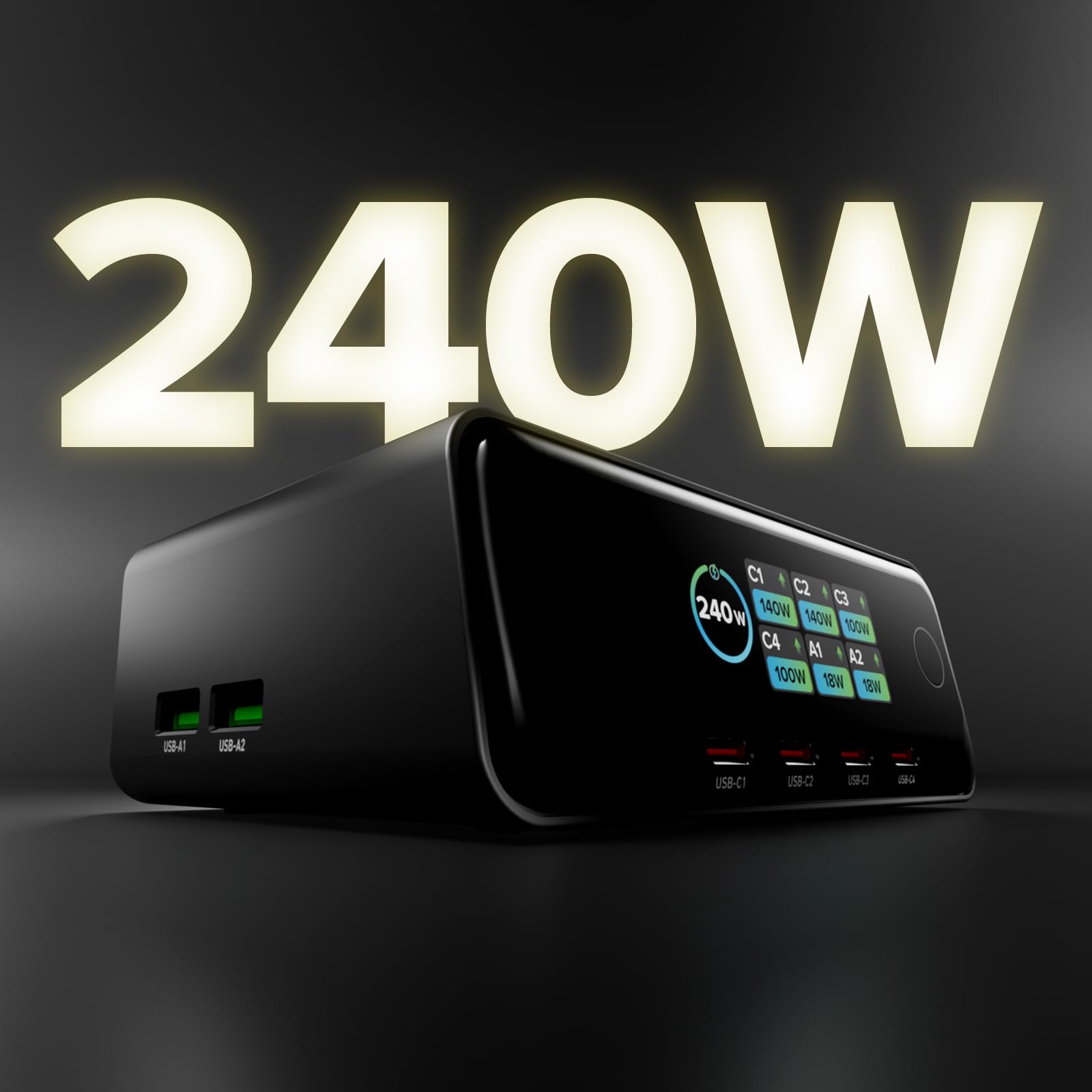 SBS Pulse Power Station 240W, Tecnologia GaN, Power Delivery (PD 3.1 PPS) | Smart Display, 6 Porte: 4x USB-C, 2x USB-A, Alimentatore con Ricarica Rapida, Caricatore per Notebook, Tablet, Smartphone