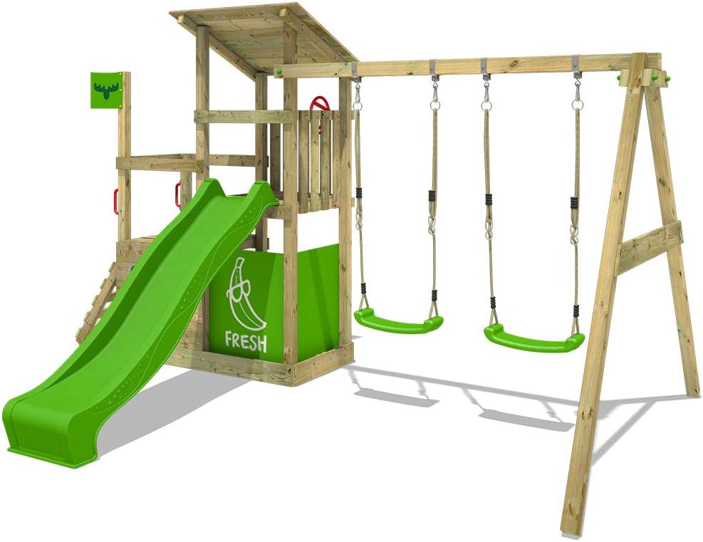 FATMOOSE Wooden climbing frame FruityForest Fun XXL with swing set & apple green slide, Outdoor kids playhouse with sandpit, climbing ladder & play-accessories for the garden
