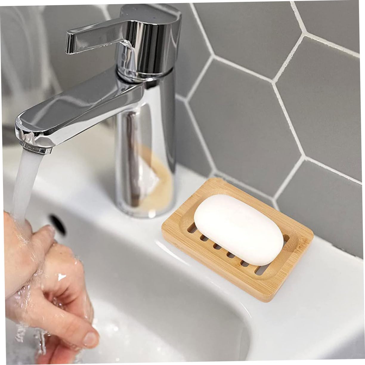 5 Piezas Jabonera de Bambú Natural con Drenaje para Jabón y Esponjas Soporte Organizador para Cocina y Baño Diseño Moderno y de Limpiar