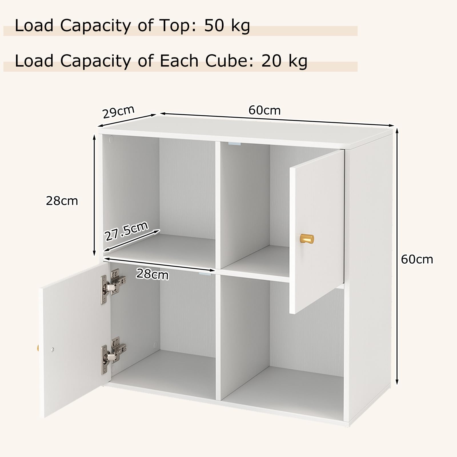 GIANTEX Estantería para Libros con 4 Cubos, Librería de Almacenaje de 2 Niveles con Puertas, Compartimentos Abiertos, Mueble Auxiliar Moderno para Salón, Estudio, Oficina, 60 x 29 x 60 cm, Blanco
