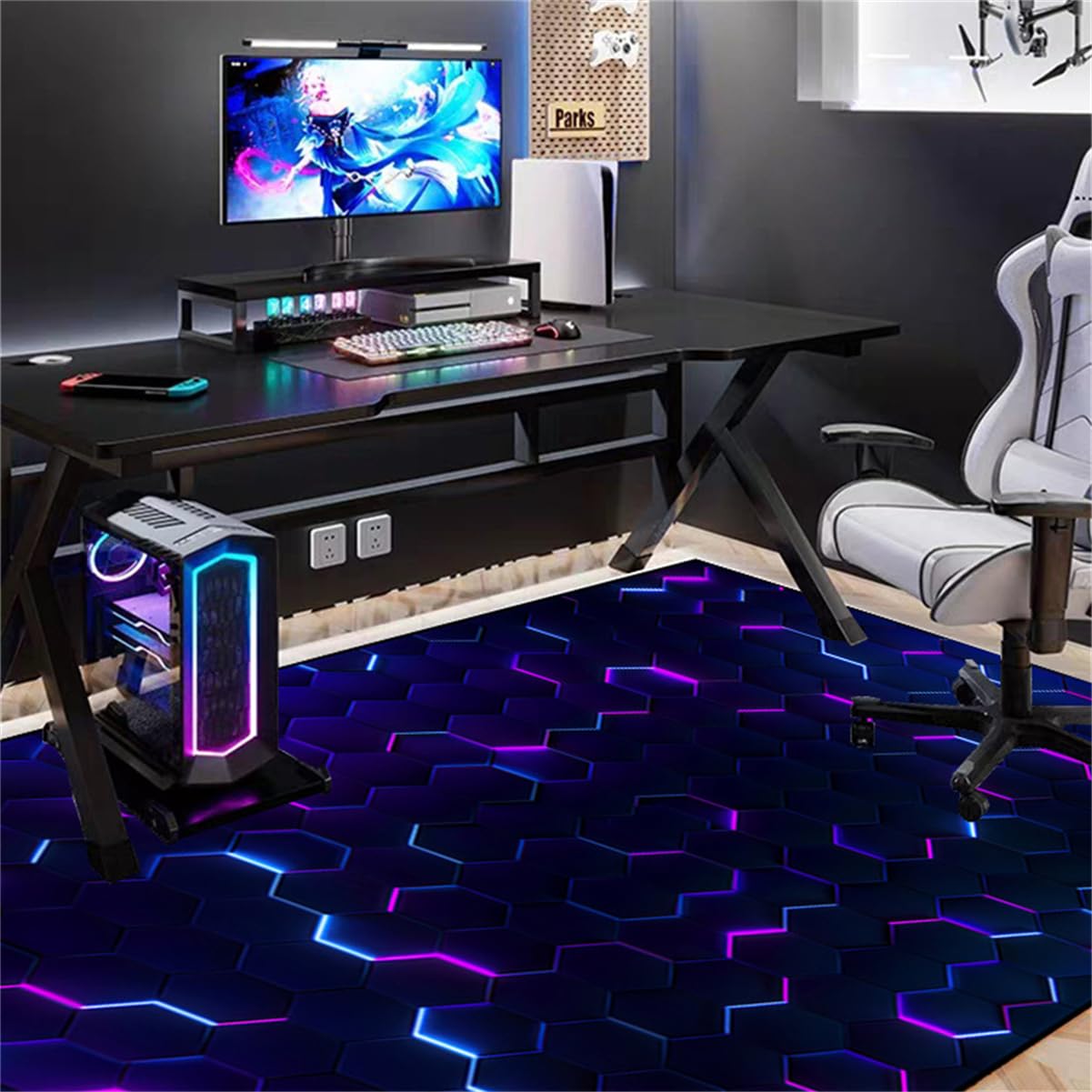 RUILBJ 3D Neon Lights Hexagons Pattern Geometric Theme Decorative Carpet, for Home Play Gaming Room Decor Living Room Bedroom Teens E-Sport Rug Mat (Colour 7,100x150 cm)