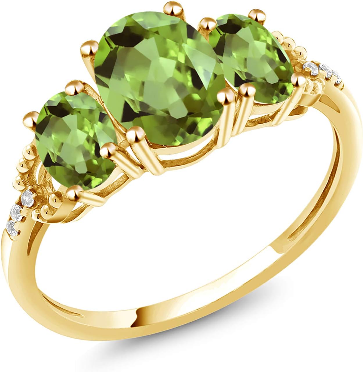 Gem Stone King 2.46 Cttw 10K Yellow Gold Green Peridot and Diamond Accent 3-Stone Engagement Ring For Women | 3 Stone Wedding Anniversary Promise Ring For Women
