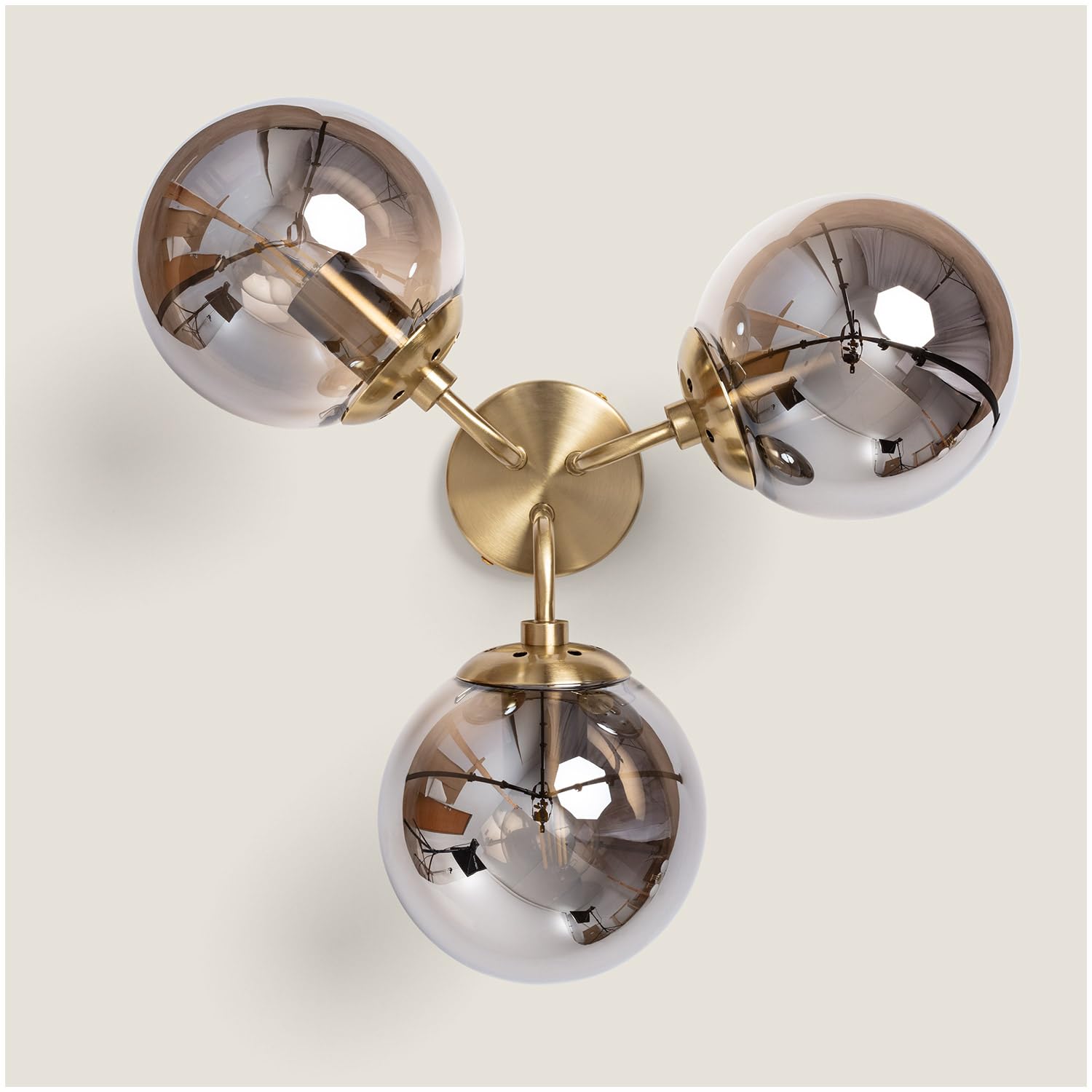 LEDKIA Deckenleuchte Moonlight Brass – 3 Strahler, Metall & Rauchgrau-Glas, E27, Ø41 Cm, Für Wohnzimmer & Schlafzimmer