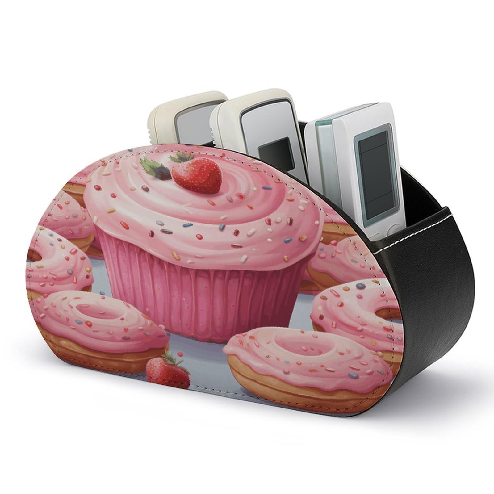 VstaDank Pink Donut And Cupcake Remote Control Holder with 5 Compartments Pu Leather TV Remote Caddy Storage Box Desktop Organizer Store Controller DVD Brush Pens Glasses&Office Supplies