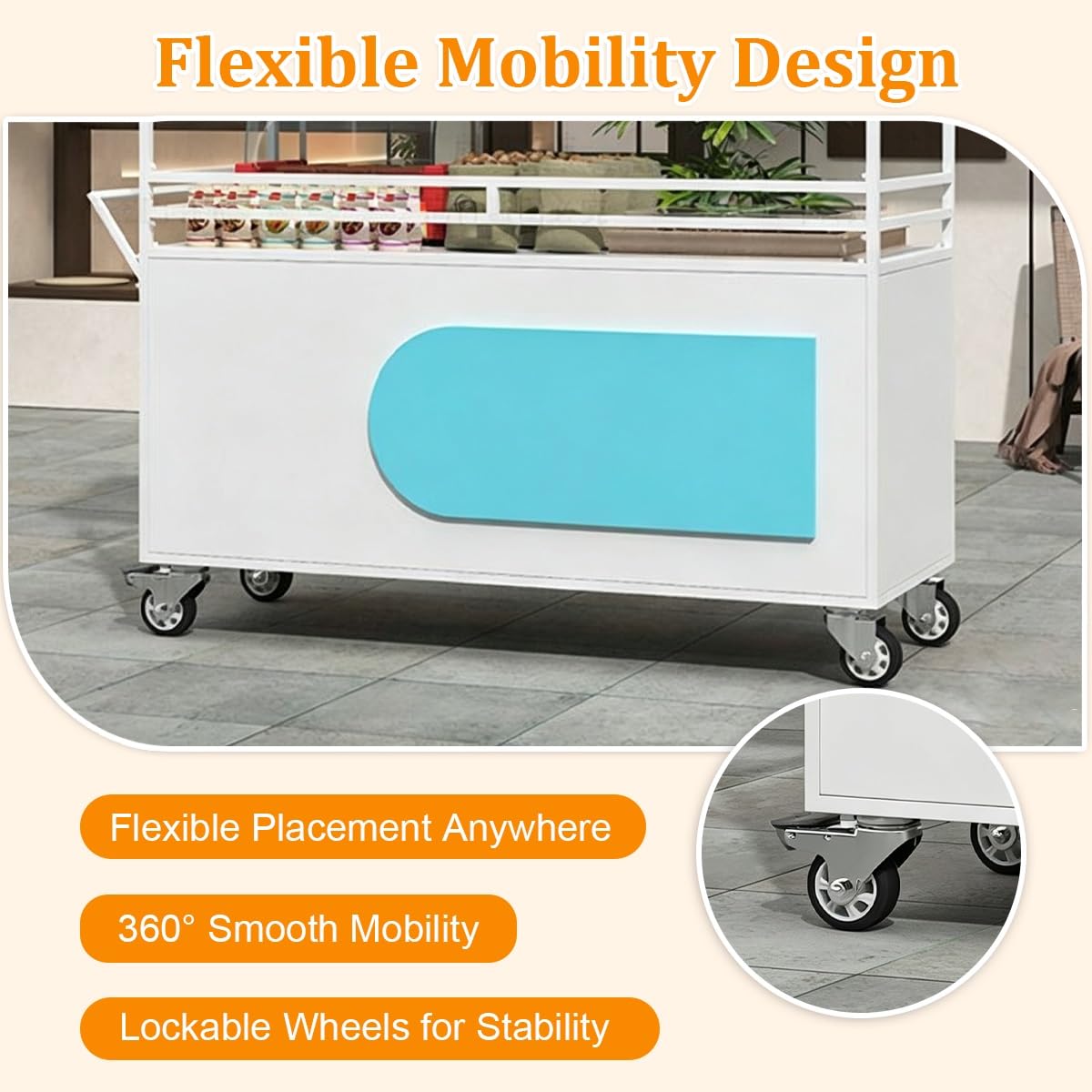 Carrito de Venta Ambulante con Toldo y Ruedas Giratorias de 360° | Carro de Venta Puesto de Mercado con Toldo, Carro Comercial con Ruedas para Mercados, Ferias(Black,120cm)