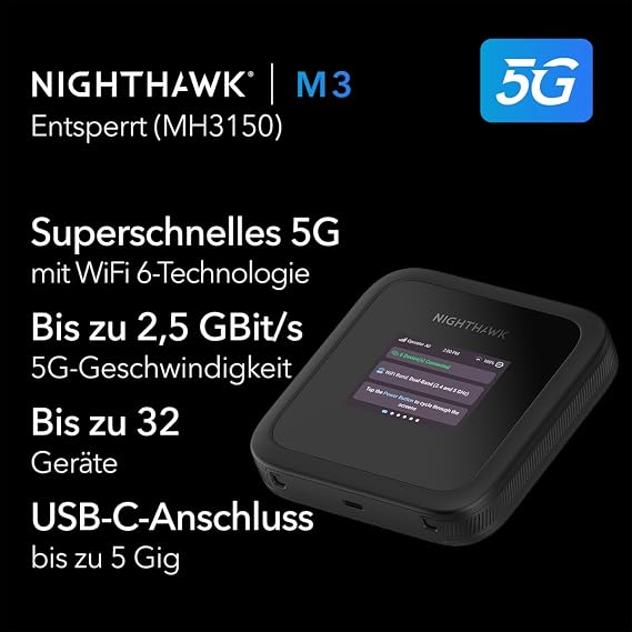 NETGEAR Nighthawk M3 - Mobile 5 G Router with WiFi 6 up to 2.5Gbps - SIM Slot Unlocked - Portable WiFi Hotspot for Home/Business Use - 5 G/4 G MiFi - AX3600 32 Devices (MH3150)