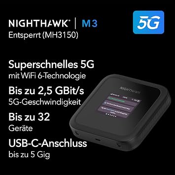 NETGEAR Nighthawk M3 - Mobile 5 G Router with WiFi 6 up to 2.5Gbps - SIM Slot Unlocked - Portable WiFi Hotspot for Home/Business Use - 5 G/4 G MiFi - AX3600 32 Devices (MH3150)