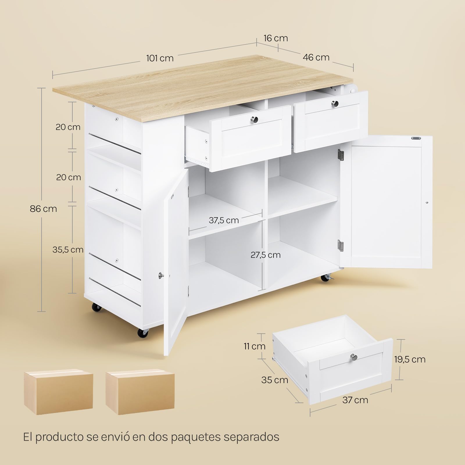 WOLTU Isla de Cocina con Ruedas, Carrito con Encimera Plegable y Estante Lateral, Aparador de Madera con 2 Cajones, 2 Puertas y 1 Toallero, para Cocina, Comedor, Roble Claro + Blanco