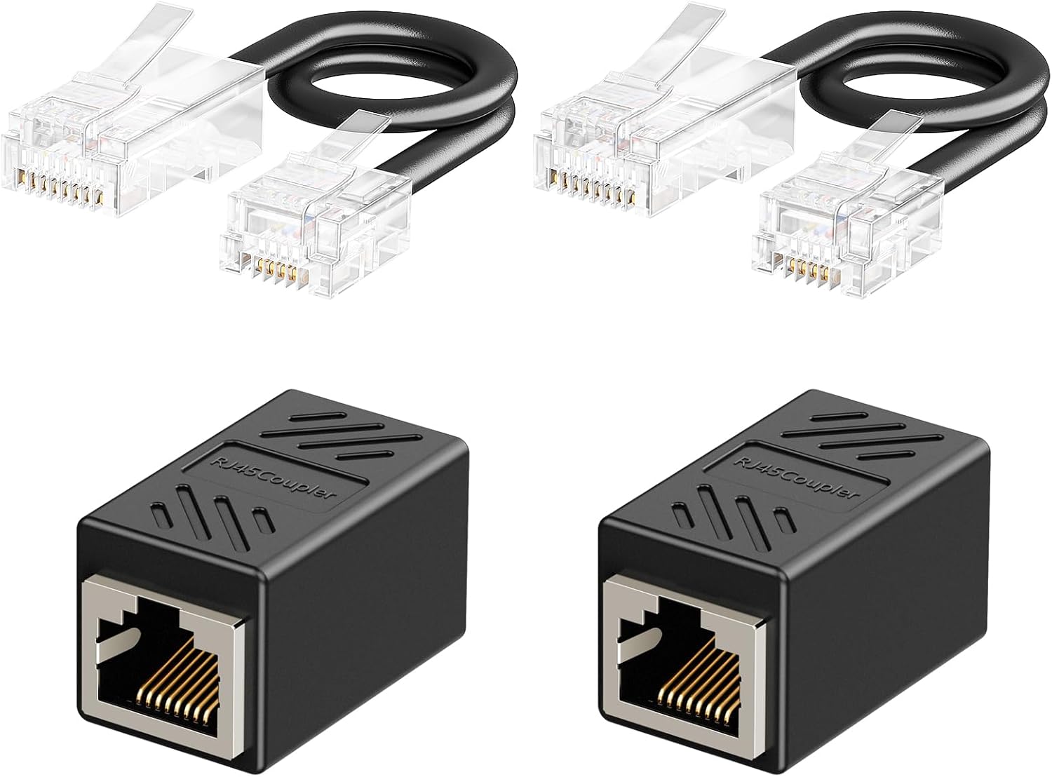 Uvital Phone Jack to Ethernet Adapter, RJ45 Female to Female Inline Adapters with RJ45-Male to RJ11-Male Phone Lines for Landline Telephone, RJ45 to RJ11 Adapter Kit(Black, 2 Pack)