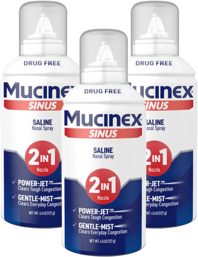 Mucinex Sinus Saline Nasal Spray & Sinus Rinse, Non-Medicated, Additive Free, Non-Drowsy Nasal Irrigation with 2-in-1 Jet + Mist Spray Nozzle for Cold & Allergy Season, 4.5oz Saline Solution Spray-3Pk