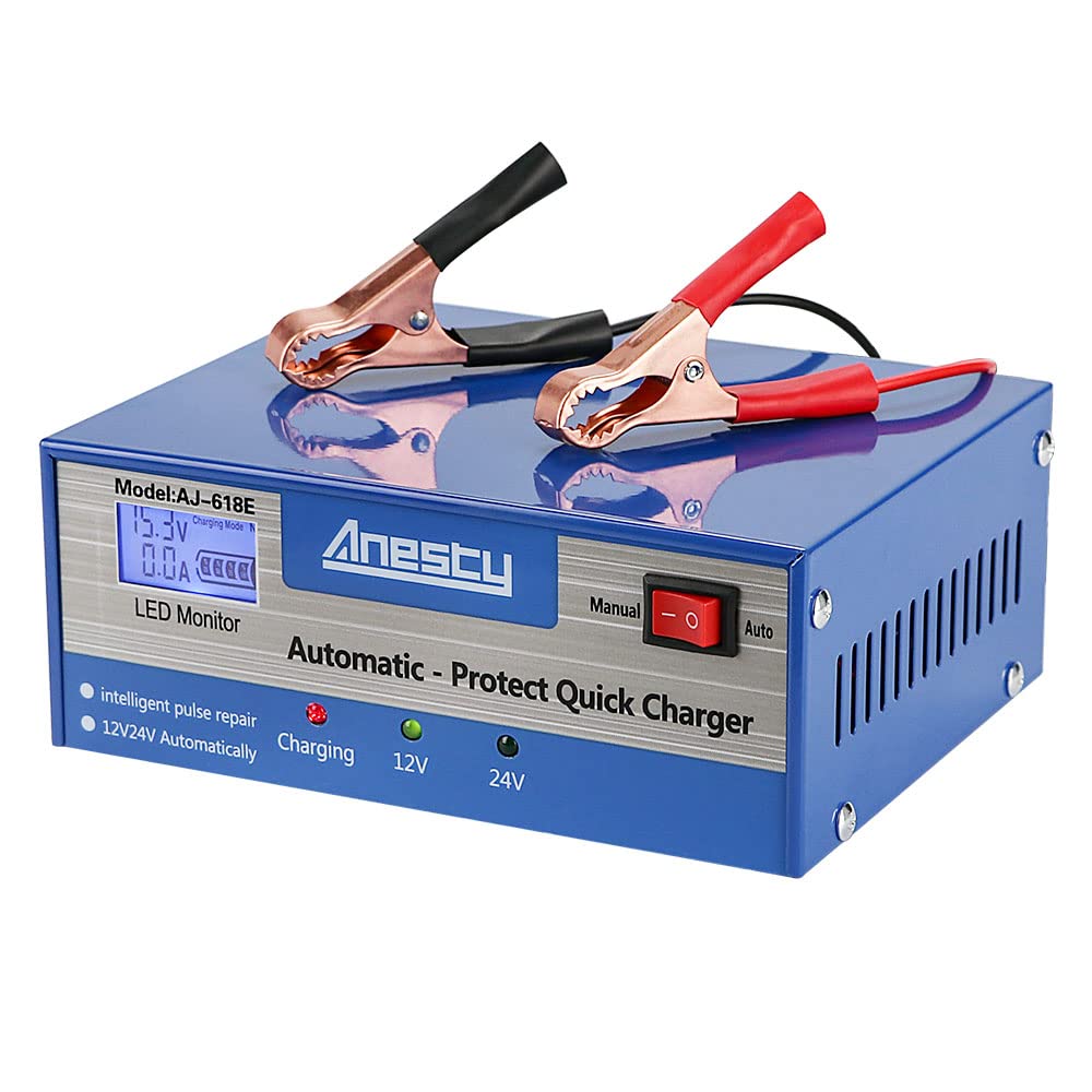 Caricabatteria per auto, unità di ricarica automatica per batteria da 12 V/24 V, monitor intelligente per mantenere il caricabatterie con schermo LED, ideale per vari veicoli, furgoni, trattori
