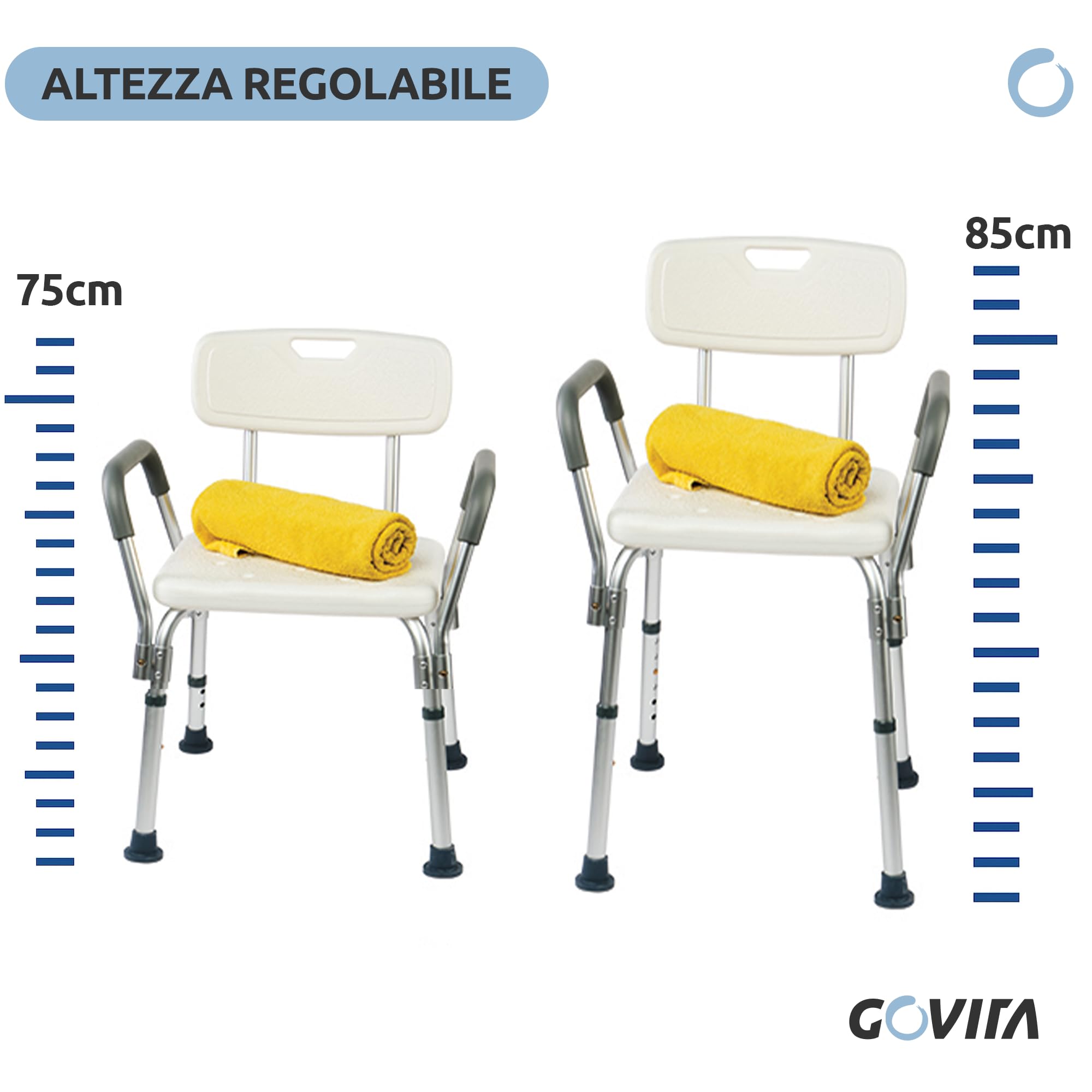Rehab - Sedia da doccia con schienale e braccioli estraibili - sedile da doccia da vasca, sedia regolabile in altezza - Ausilio Supporto per Anziani