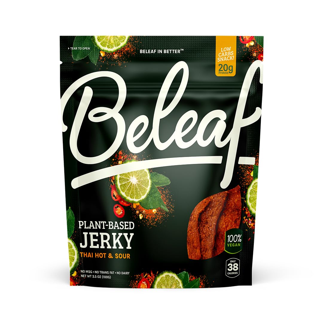 Beleaf Thai Hot & Sour Plant-Based Jerky: High-Protein Snack – Healthy and Flavorful Vegan Jerky for On-the-Go Energy – Tasty Meatless, Vegetarian Meat Alternative (1 Pack)