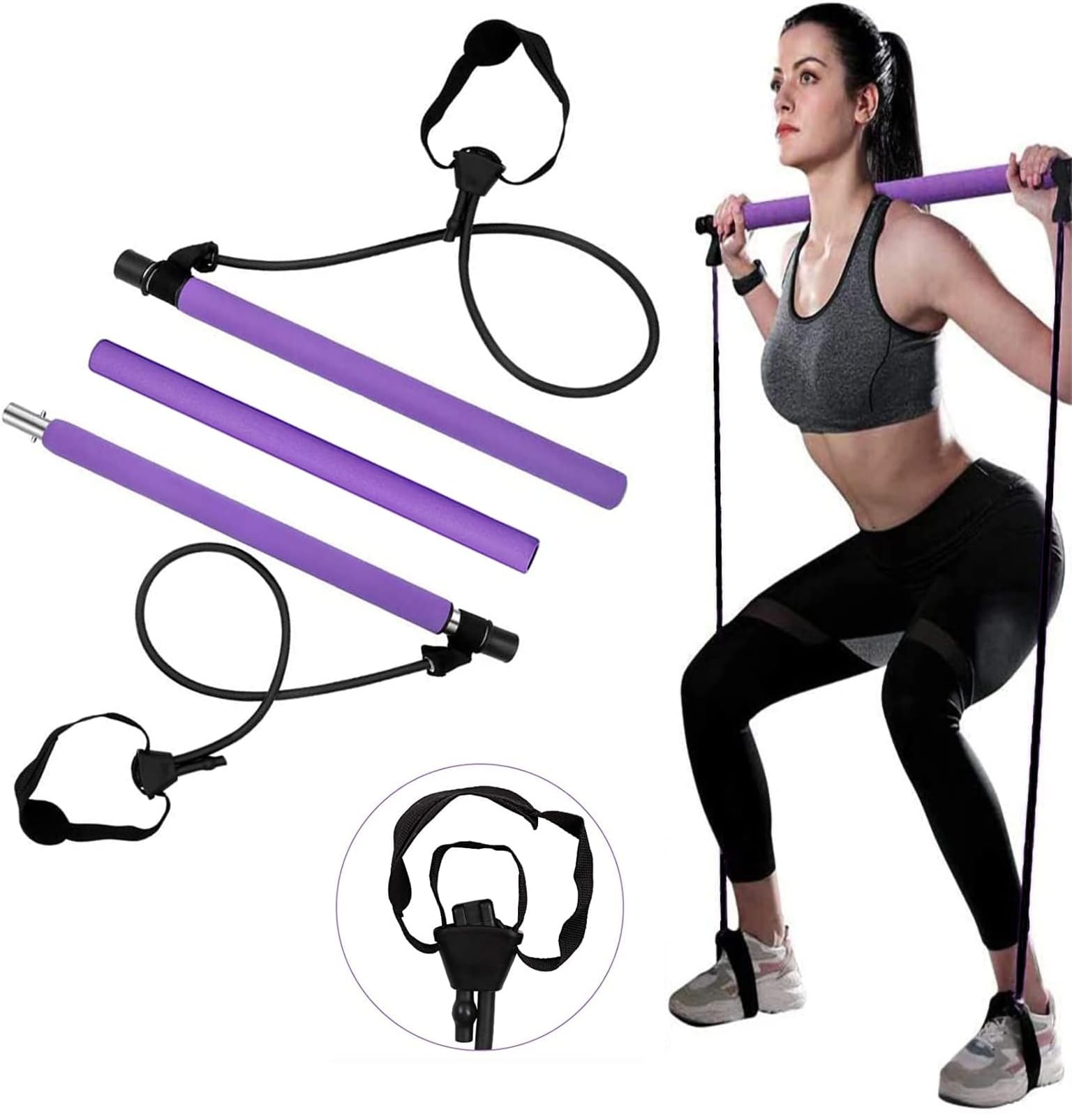 Pilates Bar Kit, Super Portable Yoga Exercise Pilate Stick Set with Resistance Band Foot Loop, Fitness equipment for Stretch Sculpt Twisting Sit-Up for Man Women Home Gym